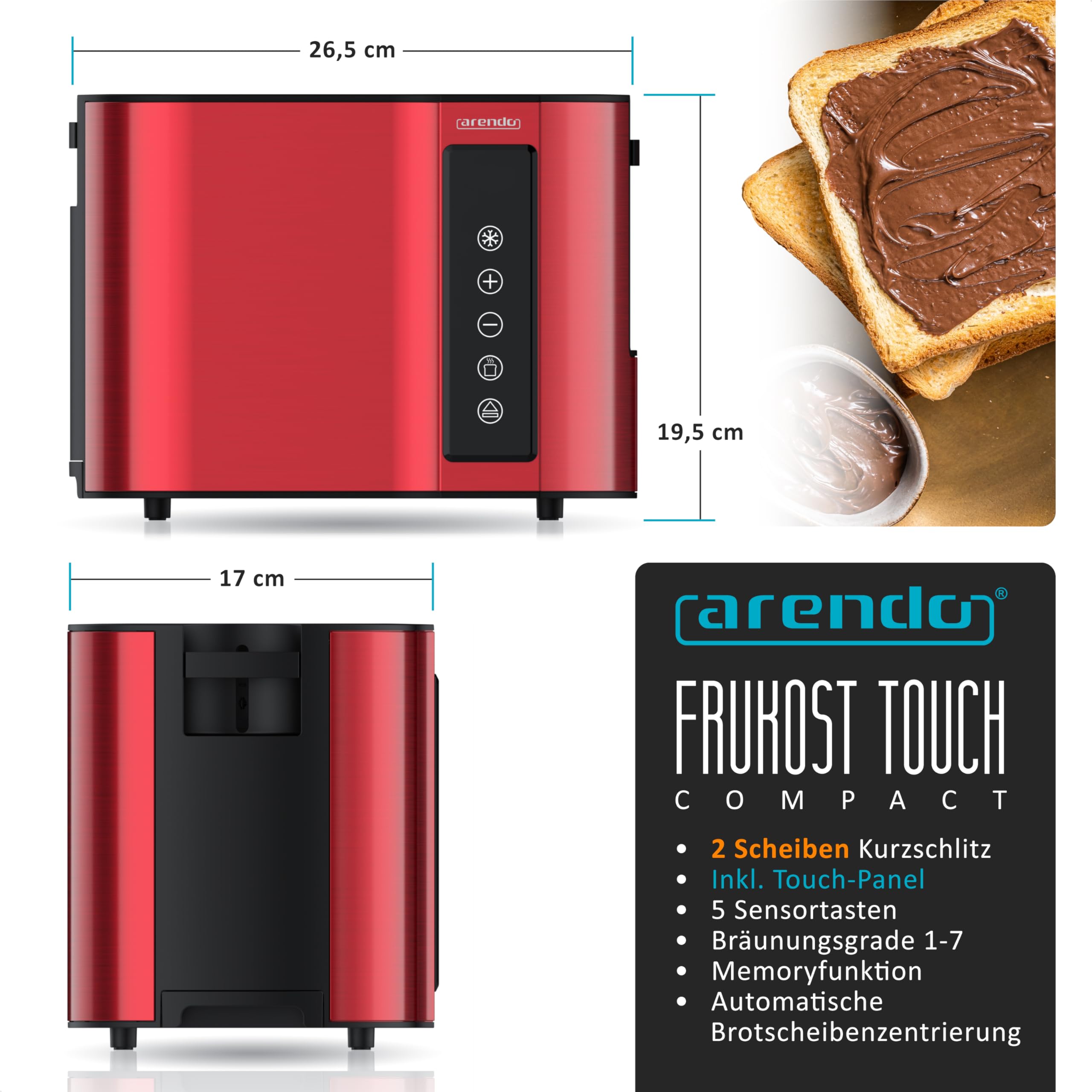 Arendo - Touch Toaster 2 Scheiben Edelstahl - Touchpanel - digital Display Restzeitanzeige - 800 W – Doppelwandgehäuse – mit Brötchenaufsatz – 7 Bräunungsgrade – Brotscheibenzentrierung - Rot