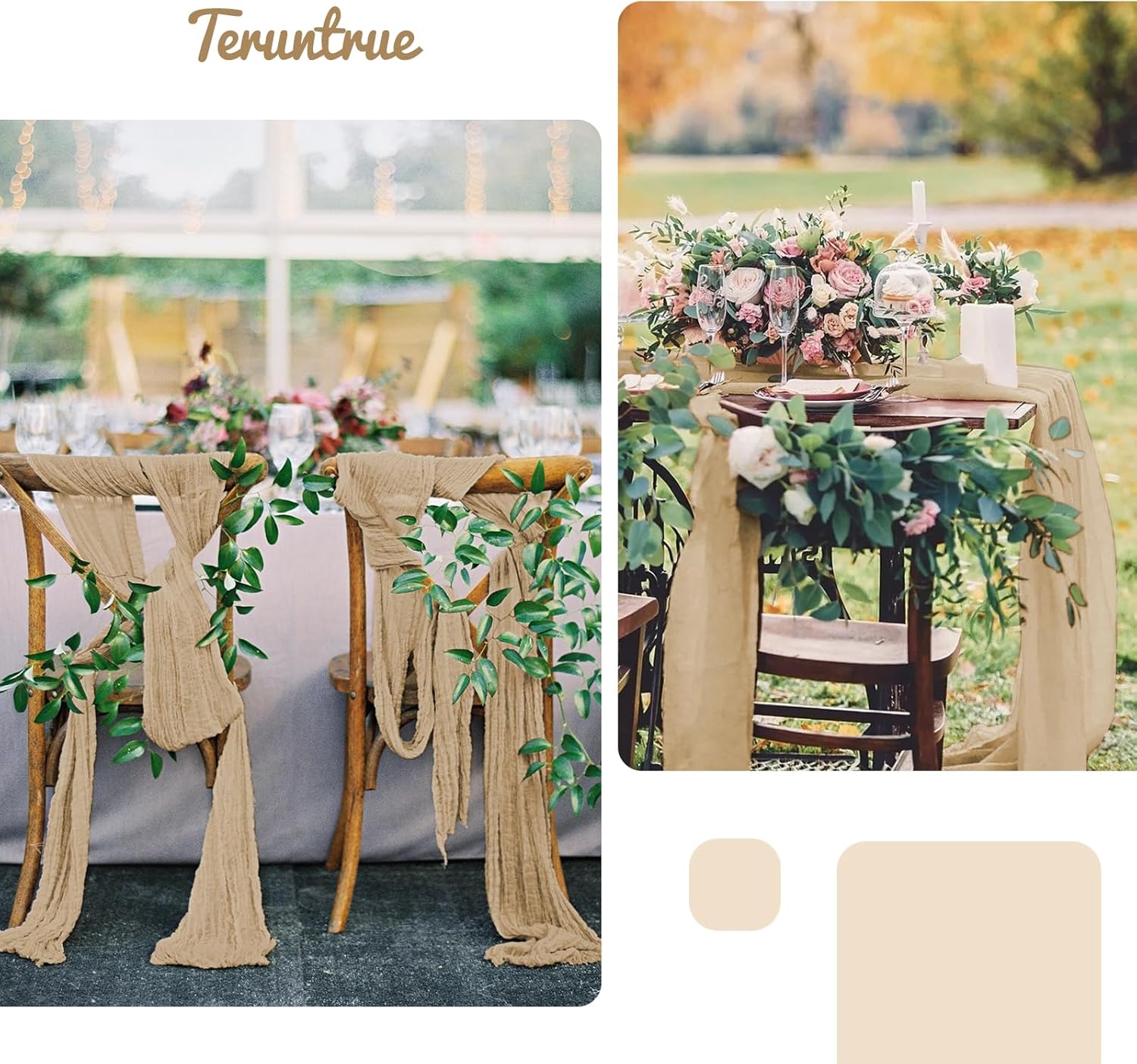 Teruntrue Cheesecloth Chair Sashes Aisle Decorations 20 Packs, Chair Bow Designed Decorative Chair Cover Chair Sashes 70 Inch for Wedding Reception Party Hotel Decoration(Beige)