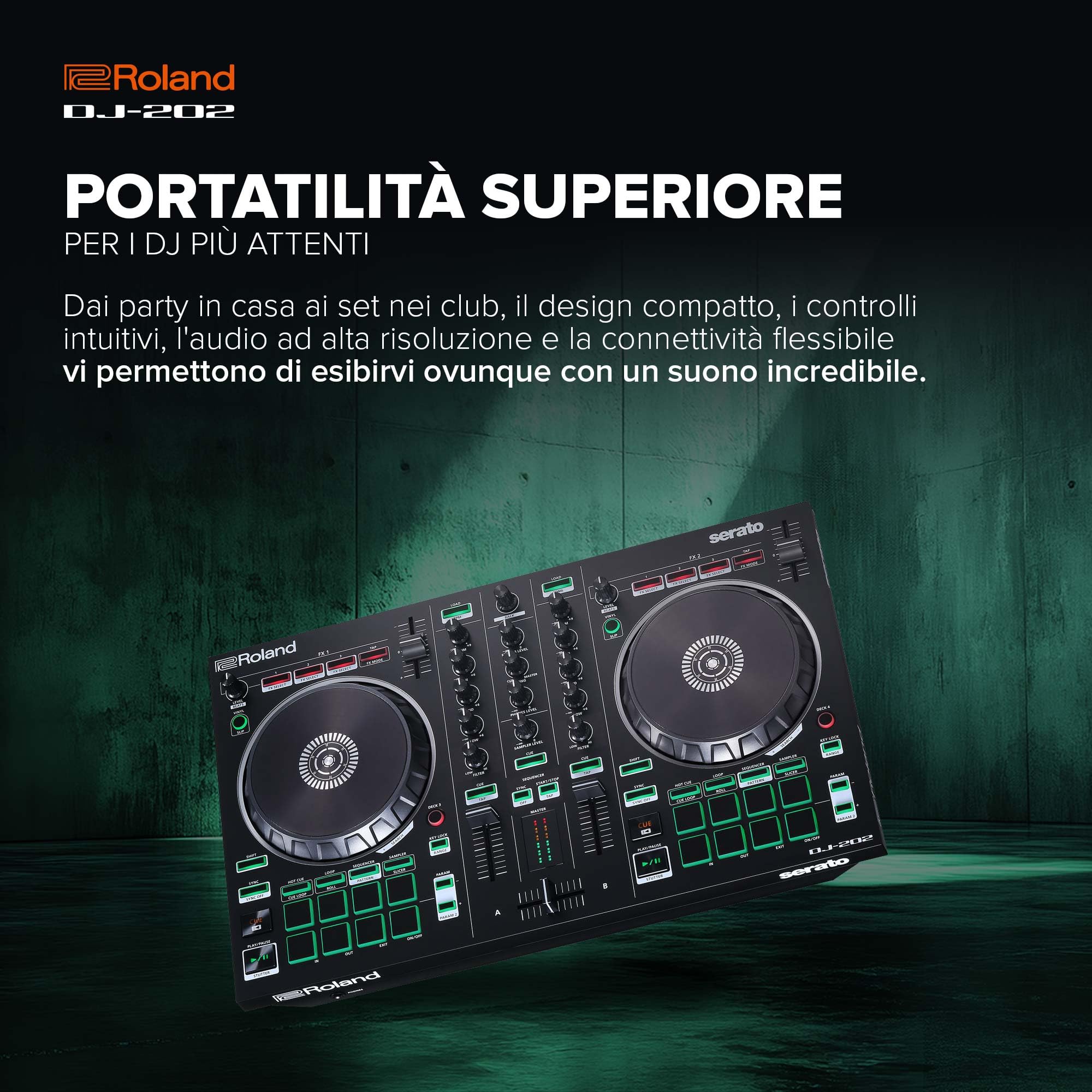 Roland DJ-202 DJ controller 2 canali 4 deck Serato DJ Lite grandi piatti bassa latenza