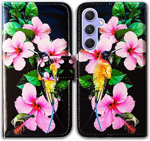 Funda para Galaxy A54, Colibríes Flores Rosas Funda de Cuero Flip Teléfono Funda con Ranura para Tarjeta Soporte Soporte Para Samsung Galaxy A54 5G