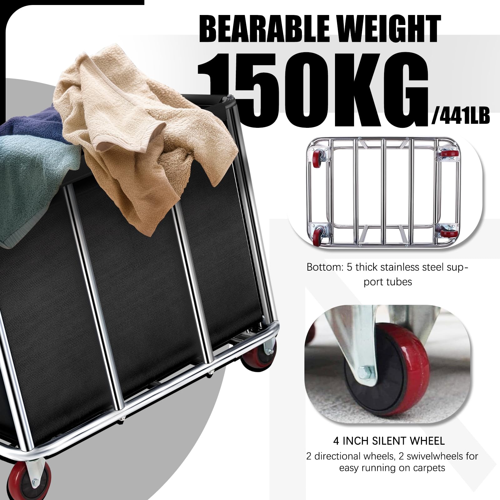 Carrello portabiancheria commerciale, grande 400 litri con tela impermeabile rimovibile, cesto portabiancheria in acciaio inossidabile resistente con ruote per hotel e ospedale, carico di 199,6 kg