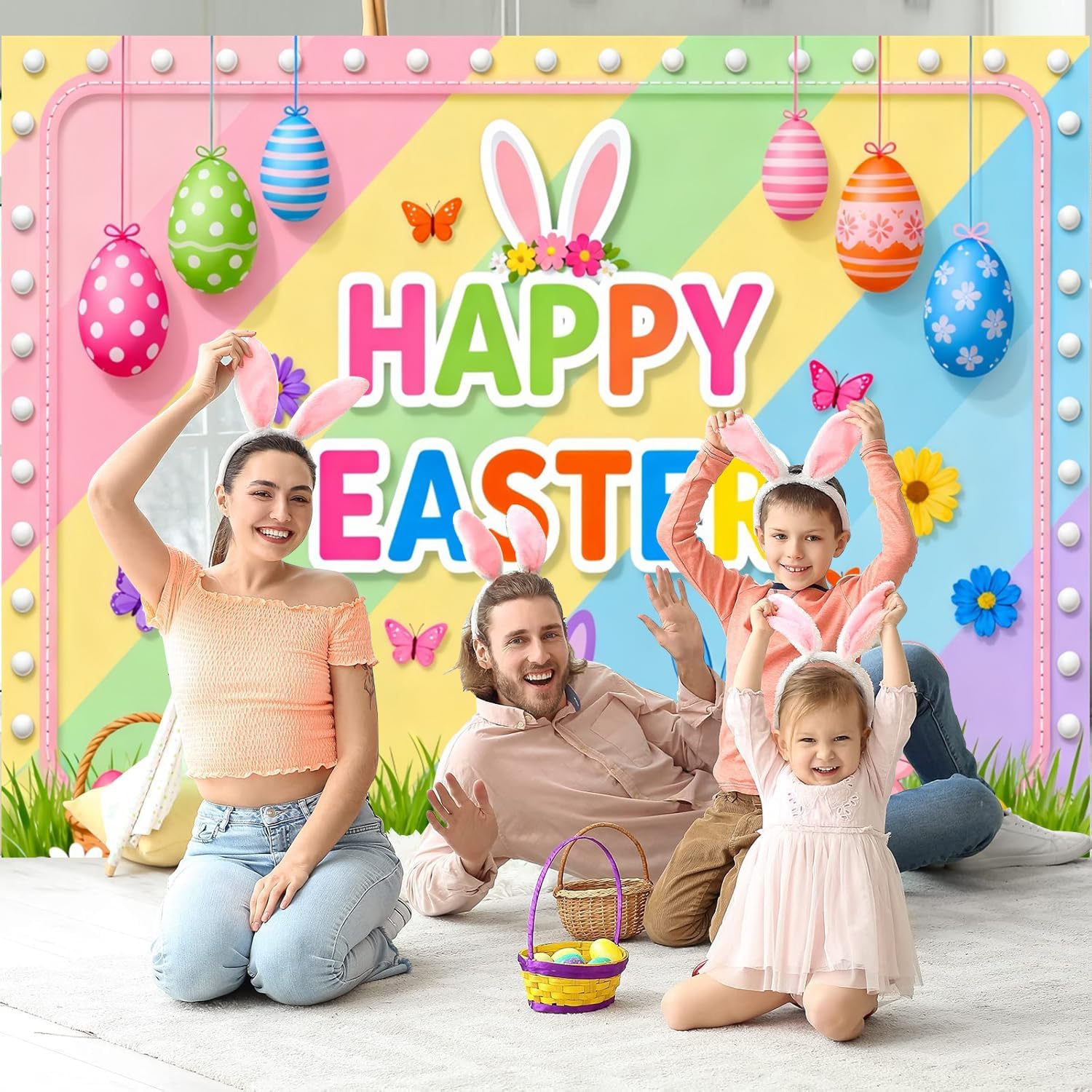 10x8ft Happy Easter Backdrop Colorful Cartoon Bunny Eggs Butterfly Flower Large Easter Photography Backdrops Banner Spring Background Baby Shower Birthday Party Decorations Kids Photo Props