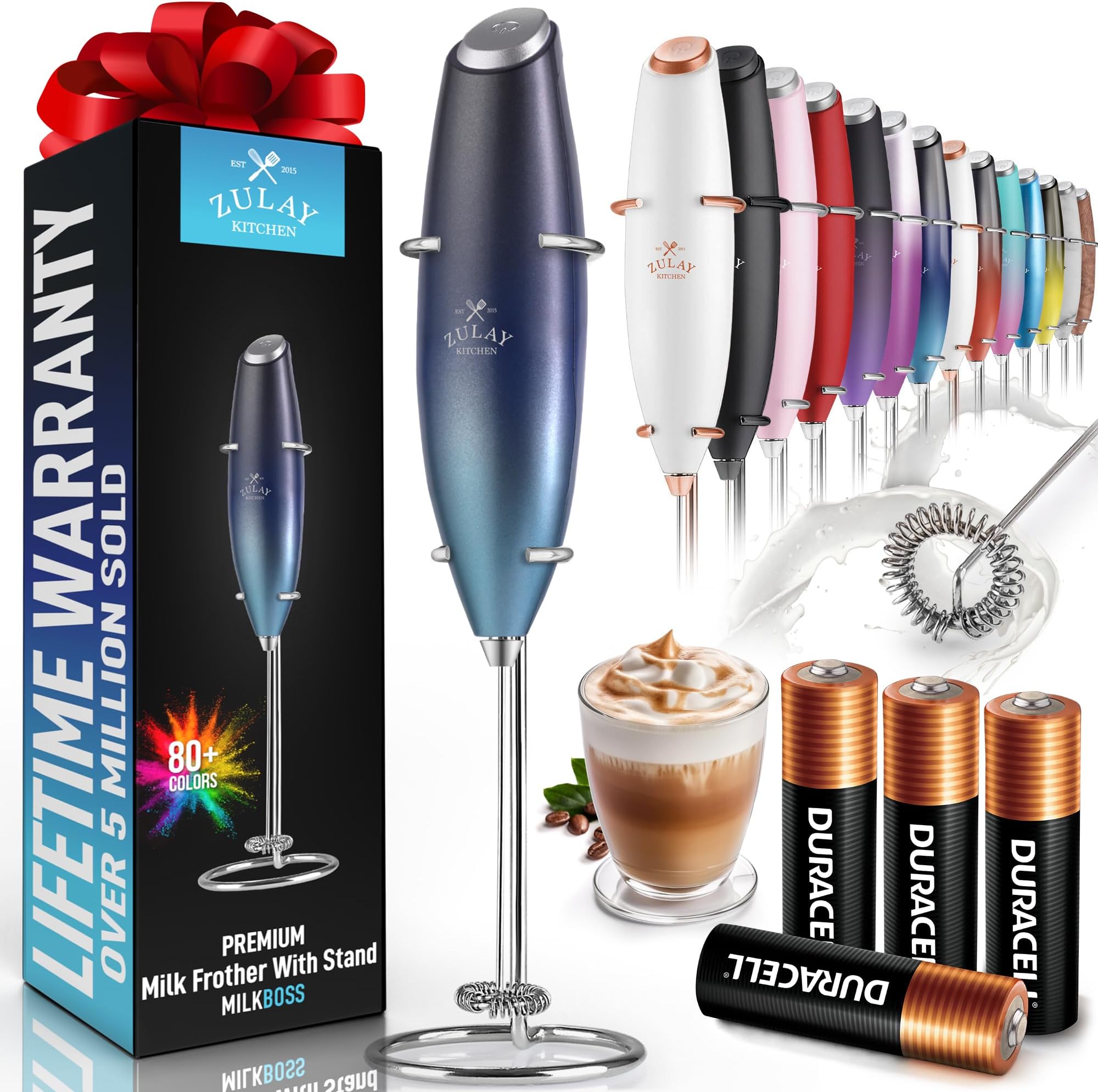 Zulay Powerful Milk Frother (4 Duracell Batteries Included) - Handheld Milk Frother Wand Drink Mixer for Coffee - Powerful Milk Foamer for Cappuccino, Frappe, Matcha & Creamer - Black/Dark Blue/Teal