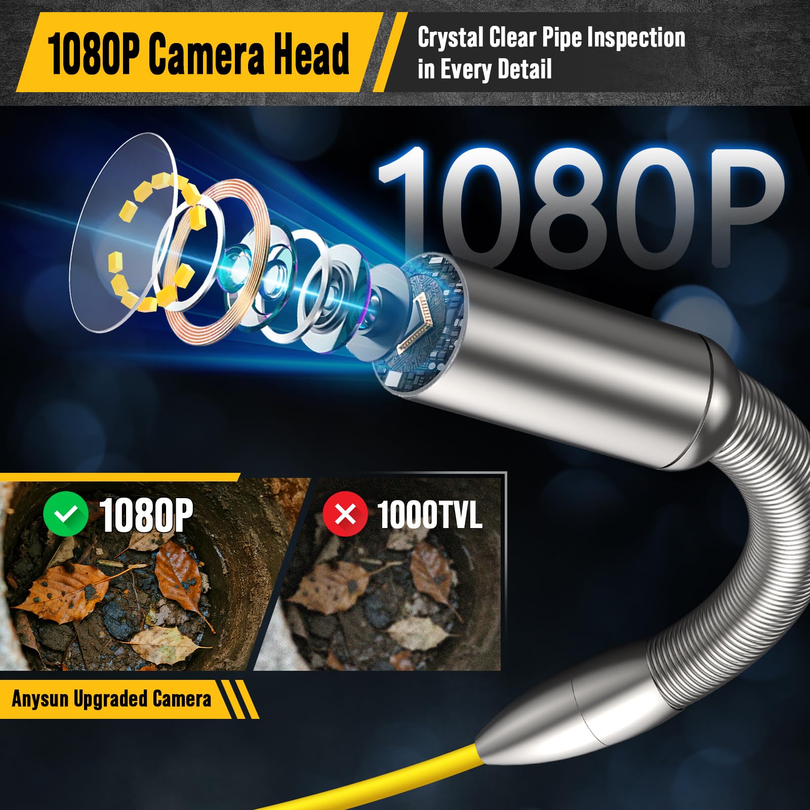 Anysun Cámara de Inspección, Endoscopio 1080P con Autonivelación, Cable Marcado en Metros, Pantalla IPS de 9", Grabadora DVR con Tarjeta de 32 GB, Cabezal de Cámara IP68 de 23 mm, Batería de 5100 mAh