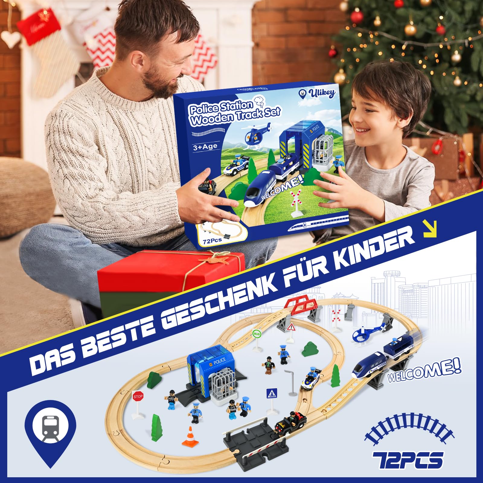 Ulikey Holzeisenbahn Set Kinder, 72 Teiliges Holzeisenbahn Schienen und Zug Spielzeug, Modelleisenbahn-Set mit Elektrische Lok, Polizei und Räubern, Spielzeugeisenbahn Geschenk für Jungen und Mädchen
