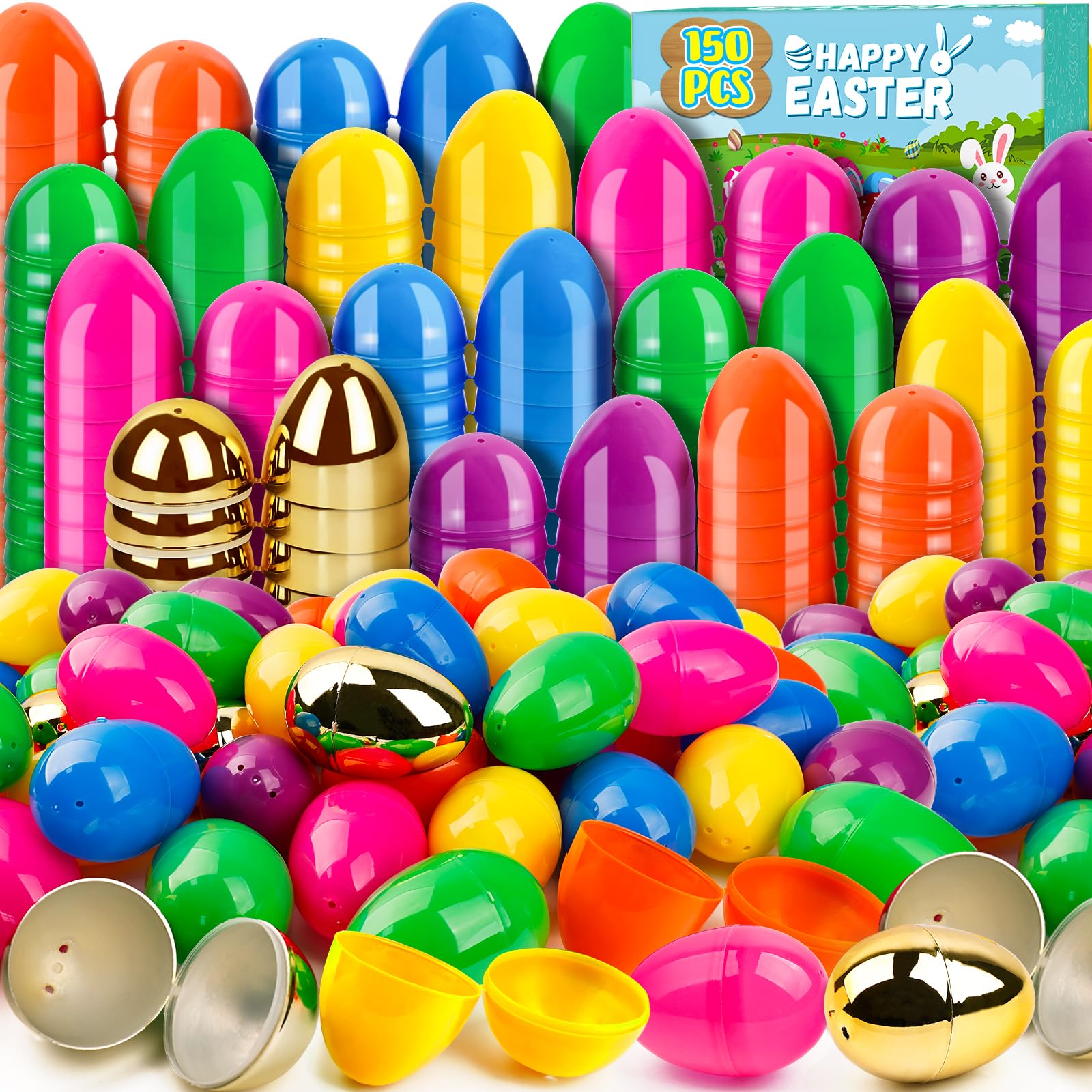 Adisher 150Pcs Easter Eggs, Plastic 3.0" Colorful Easet Eggs with 6Pcs Golden Eggs Bulk Empty Fillable for Easter Hunt Party Favor Basket Stuffers,