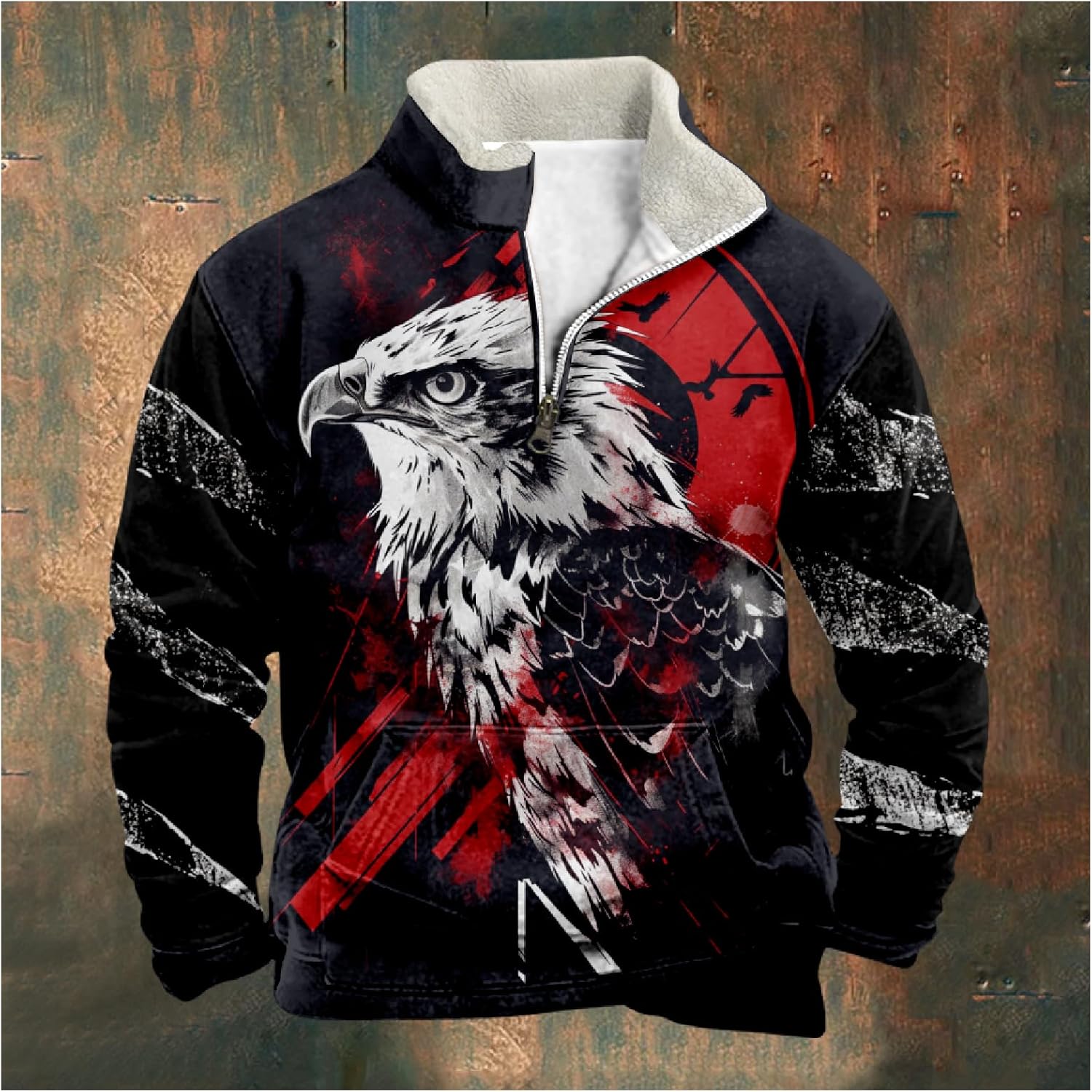Hoodies For Men Wolf Print Long Sleeve Half Zip Pullover Big And Tall Graphic Winter Funny Outdoor Sweatshirt - Image 3