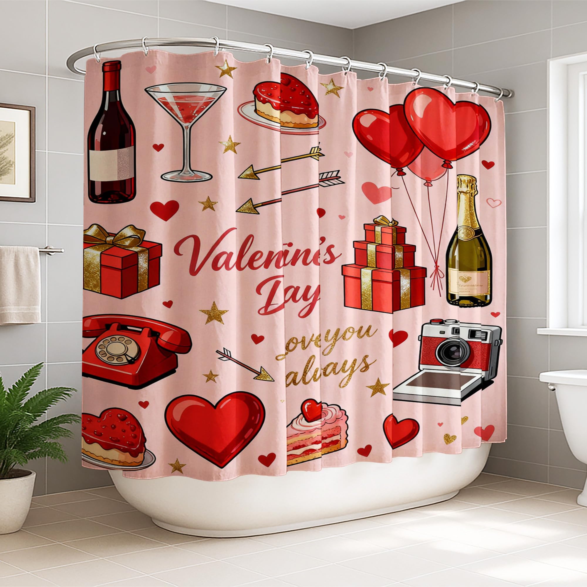 Rideau de douche extra large lavable avec crochets imprimé cœurs