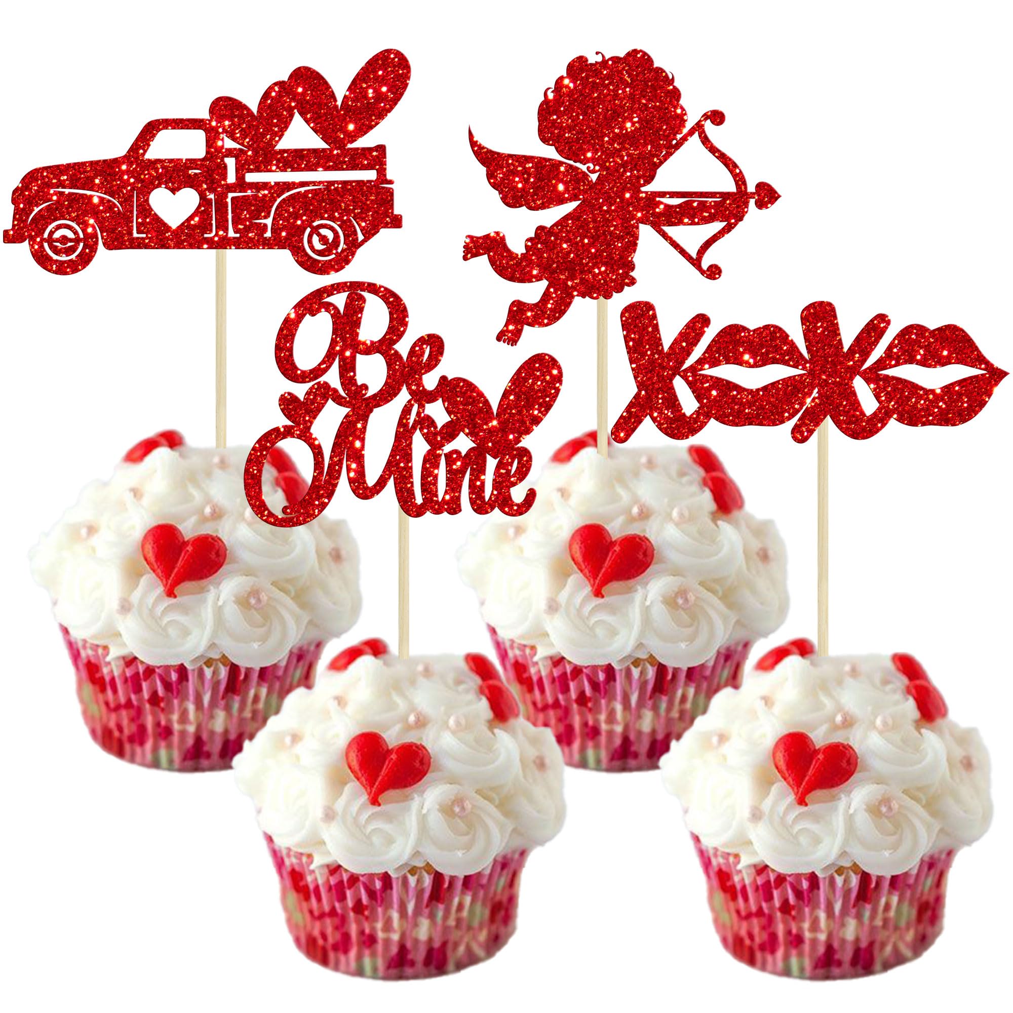 Gyufise 24Pcs Valentine's Day Cupcake Toppers Glitter Love Heart Love You Be Mine Cupcake Food Picks Valentine's Day Theme Wedding Bridal Shower