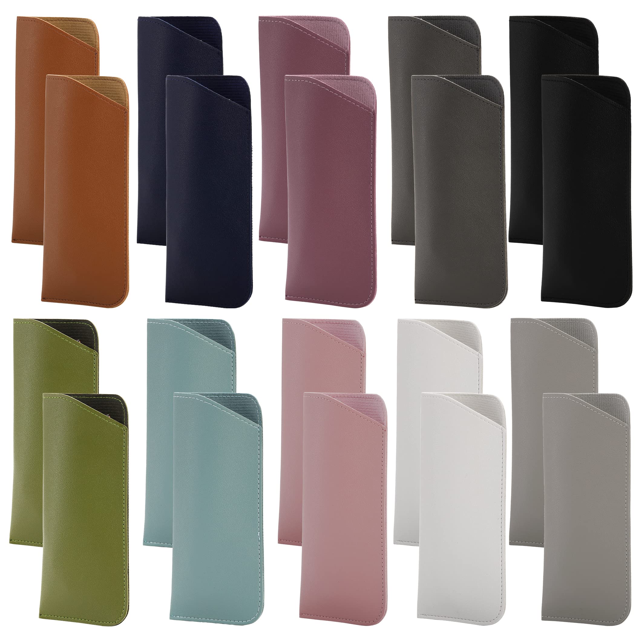 20 pack soft eyeglass case, pu leather pocket glasses cases soft sunglasses pouch portable reading glass sleeve slim travel sunglasses holder bag slip-in eyewear case for women, men, 10 color, black, grey, light grey, navy, brown, light blue, green, white, pink, light pink, medium