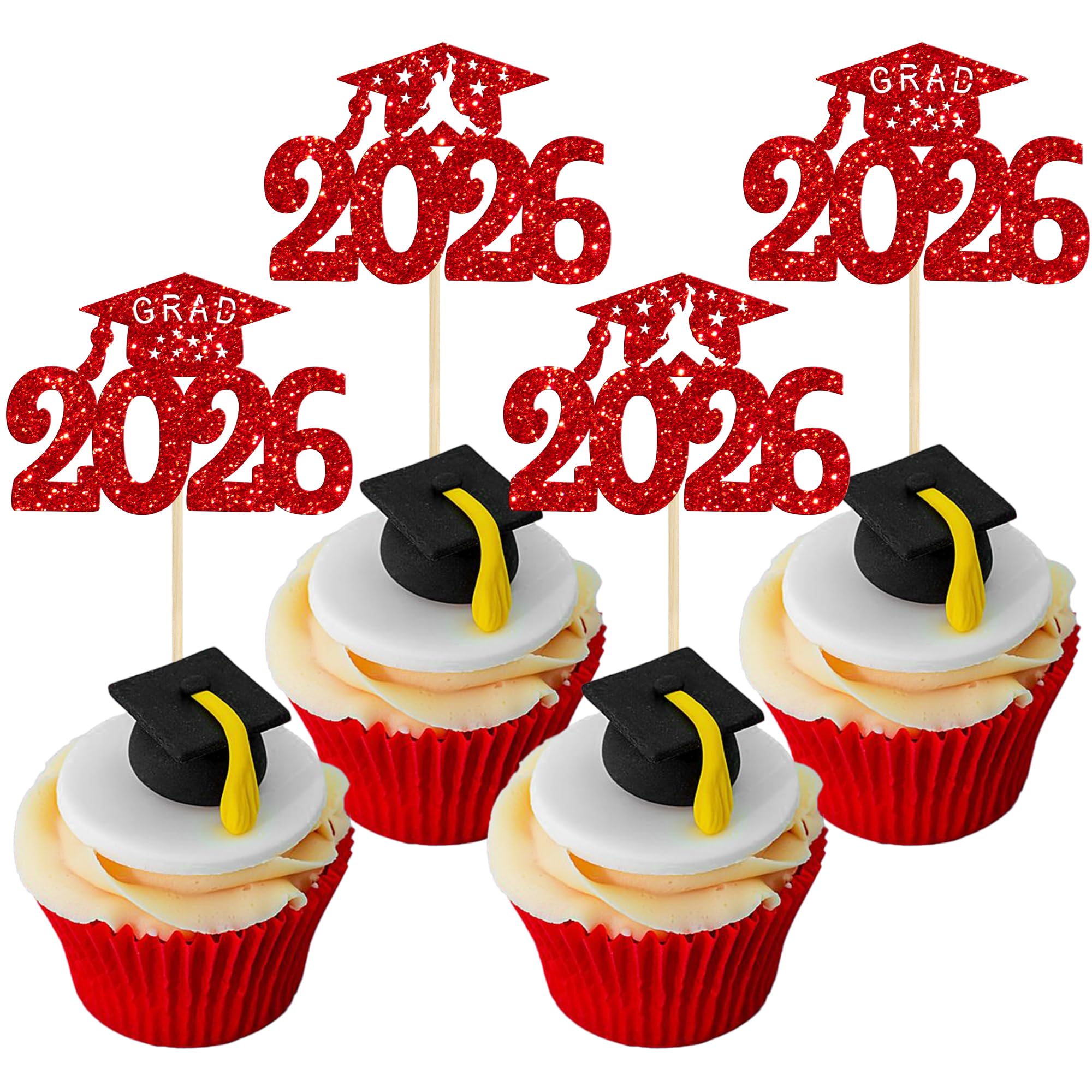 Gyufise 24Pcs Graduation Cupcake Toppers 2026 Red Glitter Class of 2026 Graduation Cupcake Topper Decorations Diploma Grad Cap Cake Toppers Picks for Graduation Party Decorations 2026