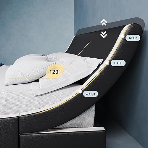 Miniatura 22 de Allewie Base de cama tapizada de tamaño matrimonial, moderna cama de trineo de perfil bajo con cabecera ajustable de piel sintética, soporte de