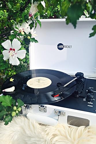 Miniatura 7 de Arkrocket Curiosity Bluetooth Tocadiscos Retro Maleta Reproductor de 3 velocidades con altavoces integrados (Blanco)