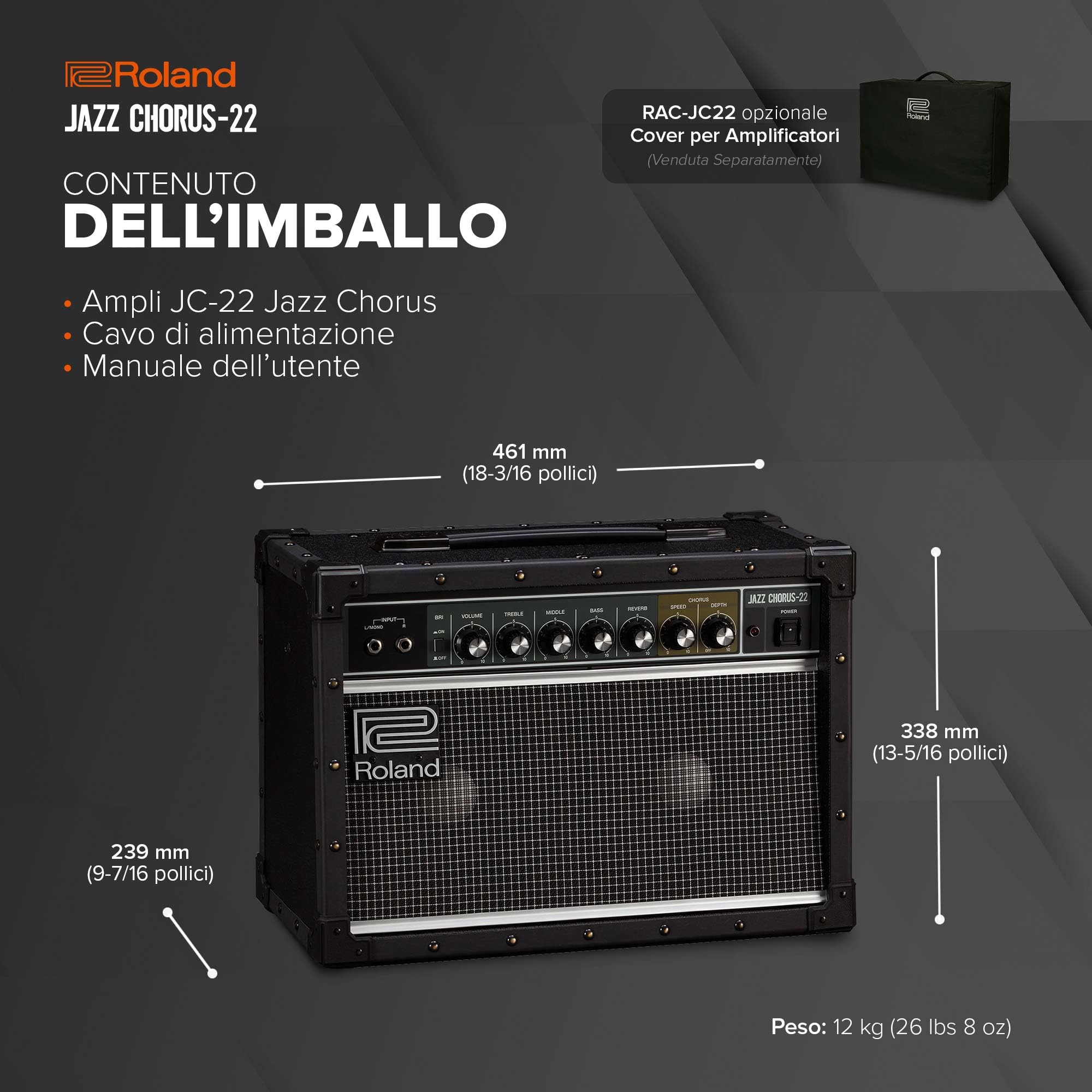 Roland JC-22 Jazz Chorus | Amplificatore per chitarra ultra-compatto | Iconico suono clean JC | Effetto chorus inconfondibile | Potente ampli stereo da 30 Watt | Due speaker da 6.5”