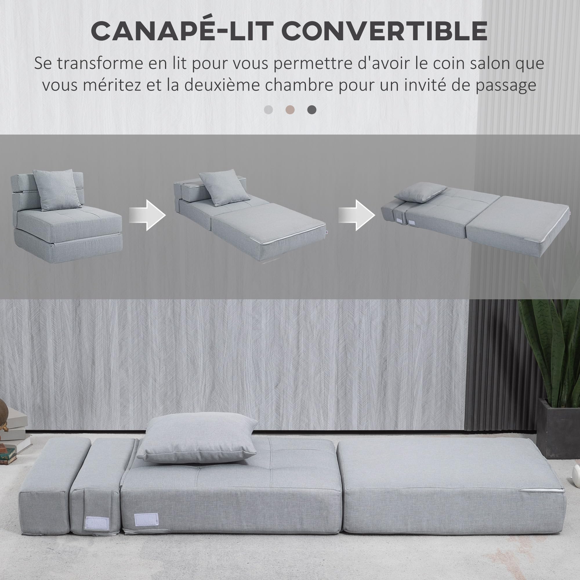 HOMCOM Fauteuil Convertible 1 Place Fauteuil lit chauffeuse 1 Place - Coussin déhoussable Inclus - Chaise de Sol pour invités, Salon, Charge 120 kg, Gris Clair