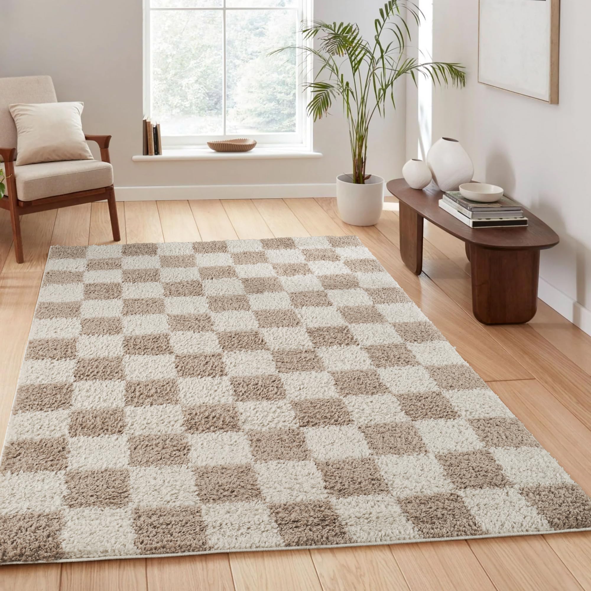 Desire Rugs Chester Shaggy Rug - Modern Contemporary Checkered Design - Beige Brown 160x230cm