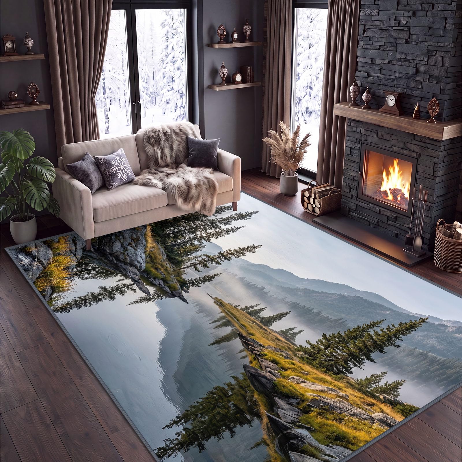 Teppich Wohnzimmer 180 x 240 cm Aquarell Natur See Kiefern 3D Druck Flanell Kurzflor Teppich Waschbar & rutschfest, Saugroboter Geeignet, Ästhetischer Schlafzimmerteppich Vorleger, Blaugrau