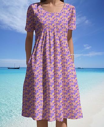Boho Floral Dresses 2025 Women's Casual Short Sleeve Midi Dress with Pockets Summer Relaxed Flowy Vintage Outfit