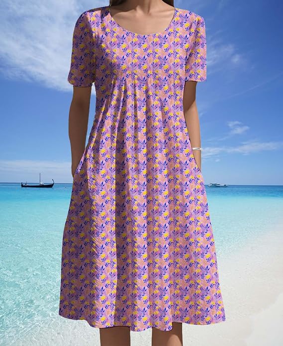 Boho Floral Dresses 2025 Women's Casual Short Sleeve Midi Dress with Pockets Summer Relaxed Flowy Vintage Outfit