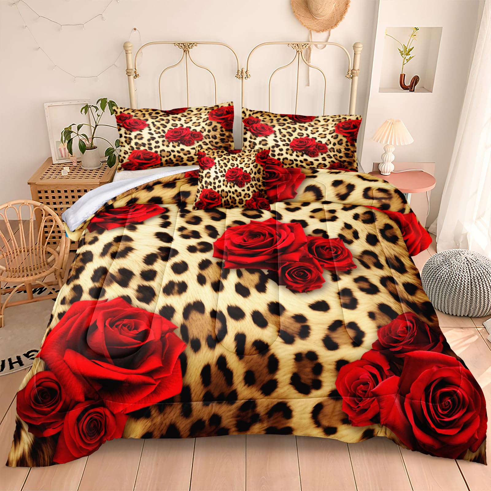 MOVE OVER Cheetah Print Comforter Set King Size Red Rose Flower Bedding Set 4 Pieces Ultra Soft Microfiber Romantic Rose and Leopard Print Comforter