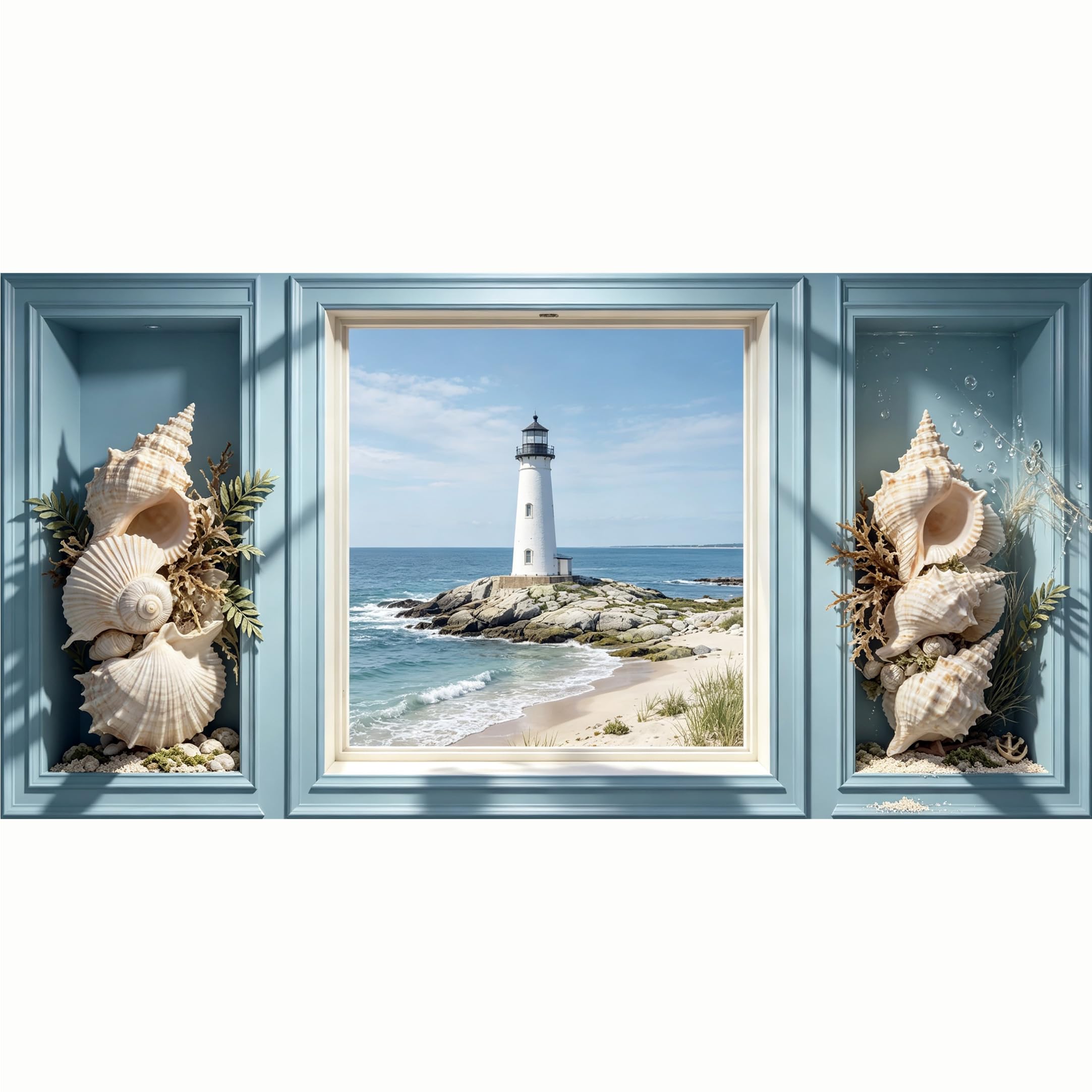 QZLITHOTIC 50x100cm 3D Framed Wall Art， Coastal Lighthouse Ocean Seascape Seashells Mural， Water‑Activated Peel & Stick Fabric Decor Wall Decal for Bedroom Living Room