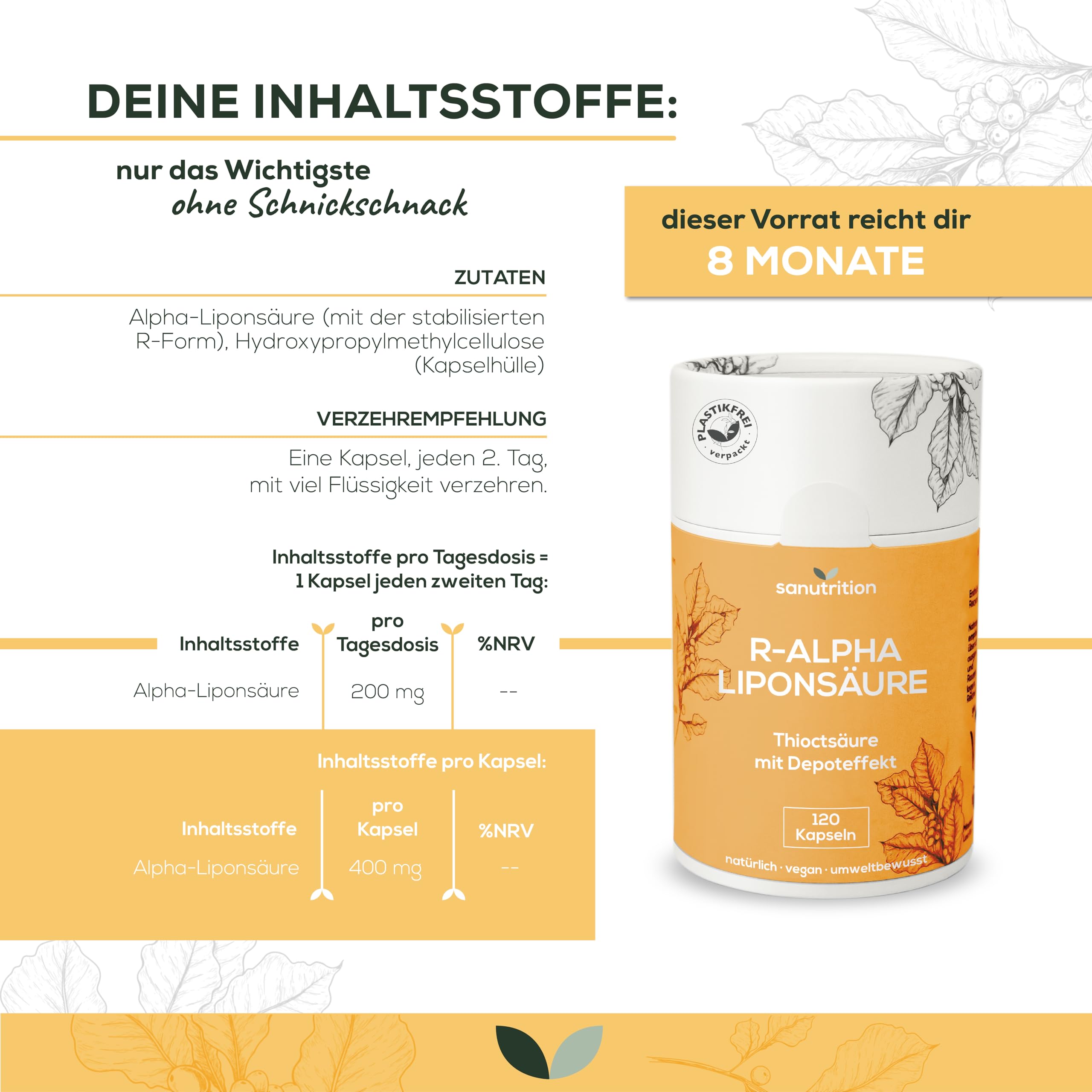 Alpha-Liponsäure 400 mg pro Kapsel | 120 Kapseln | Hochdosiert und Vegan | 100% Papierverpackung
