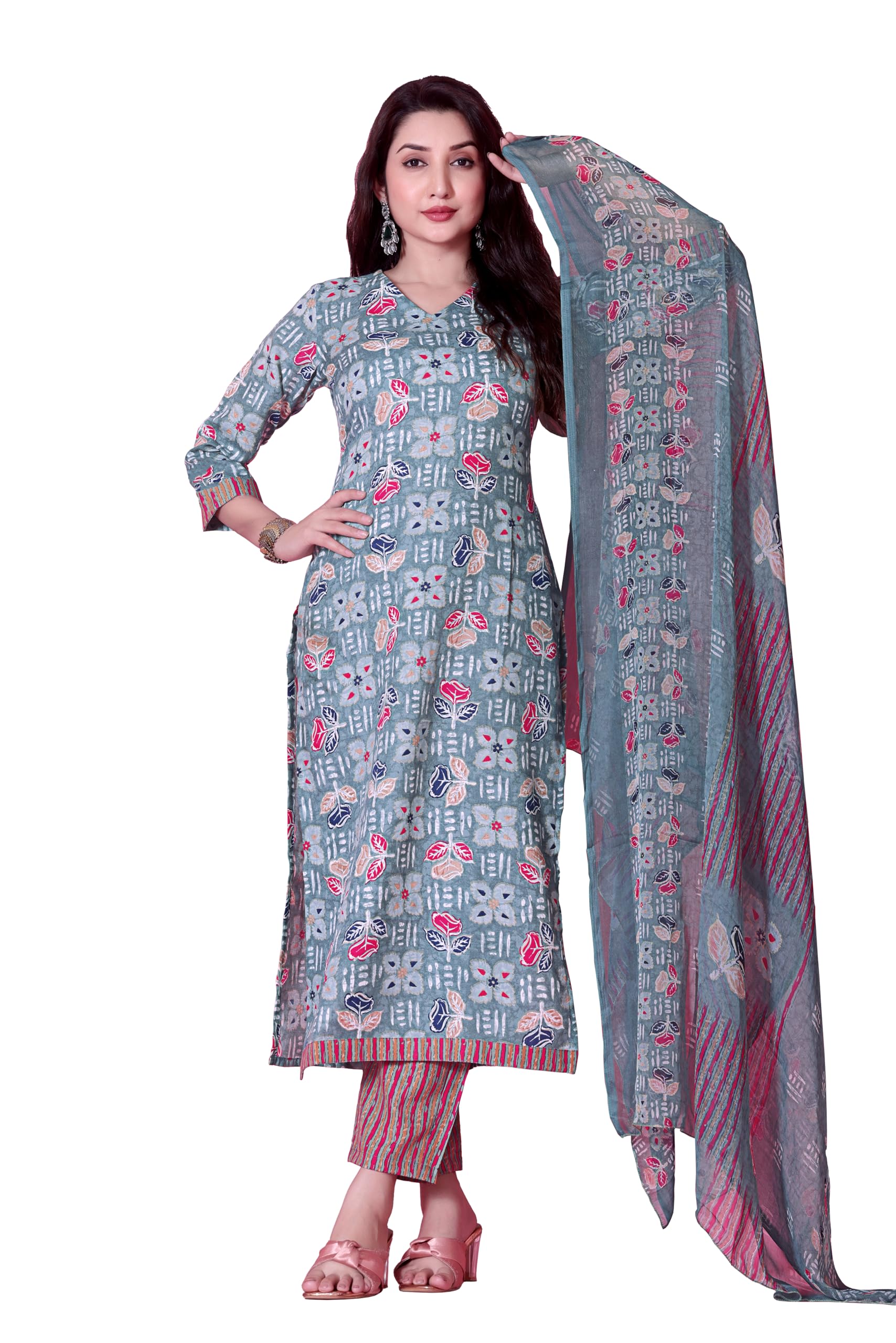 Tadkee Women's Cotton Blend Kurta Set (Fn-Kurta-Set-Dupatta-136-Sky-S_Sky