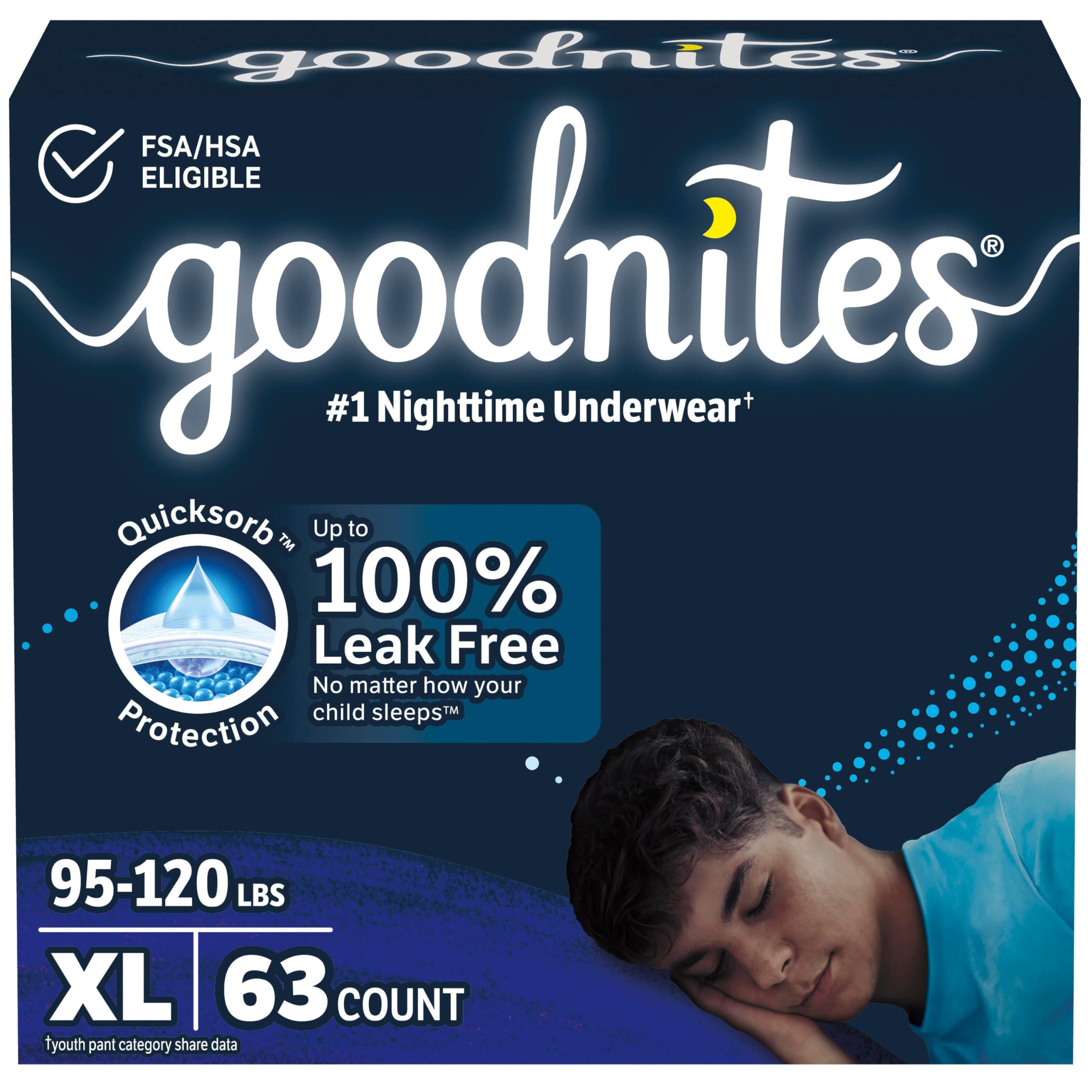 Goodnites Boys' Nighttime Bedwetting Underwear, Size Extra Large (95-120 lbs), 63 Ct (3 Packs of 21), Packaging May Vary