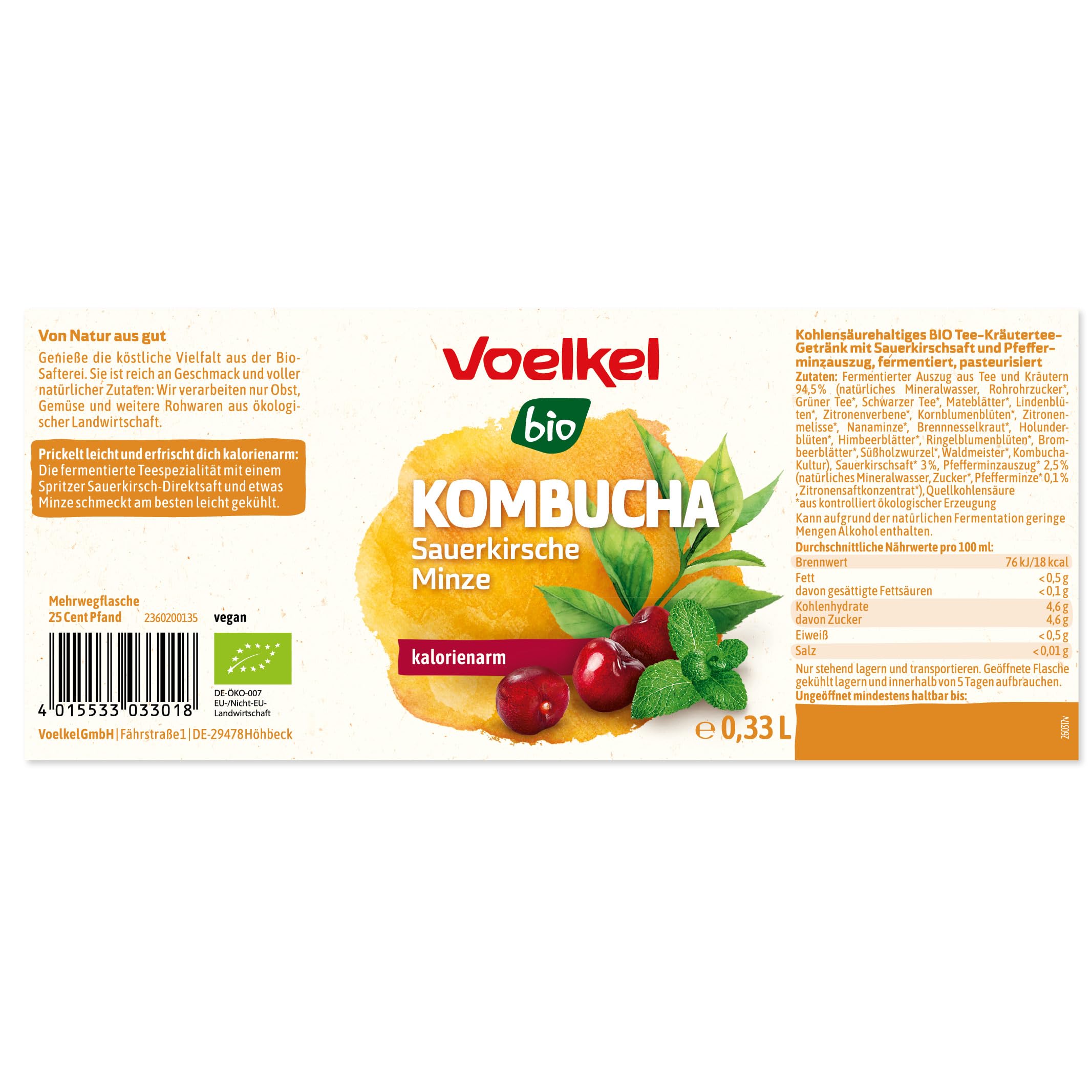 Voelkel - Kombucha Sauerkirsche Minze - 330ml - 12er-Pack - Bioqualität Deutschland