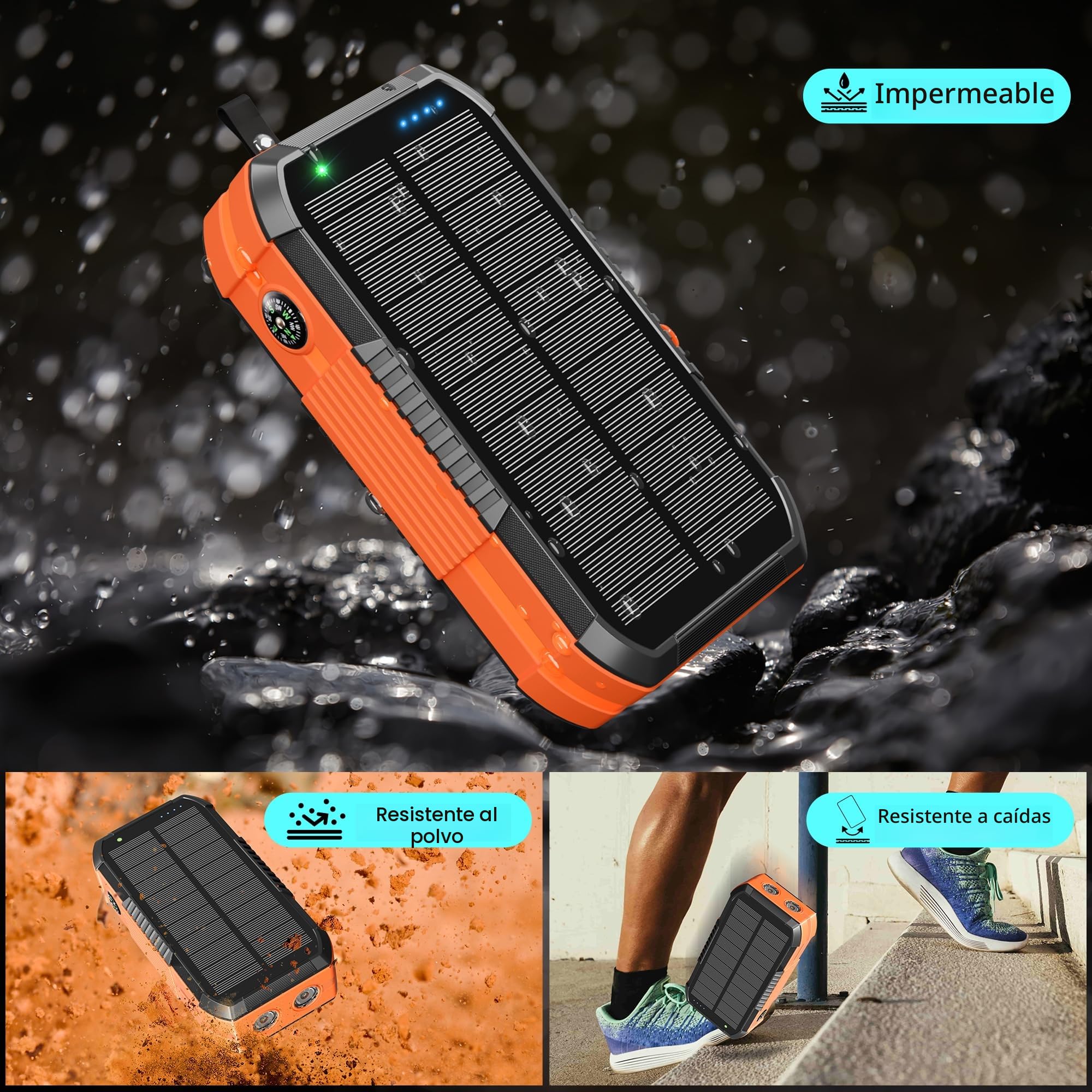 70000mAh Solar Power Bank con 30W PD Carga Inalámbrica Batería Externa de Gran Capacidad con 6 Salidas,Carga Rápida USB C Linterna LED,Brújula y Manivela Manual, para Campingal Aire Libre