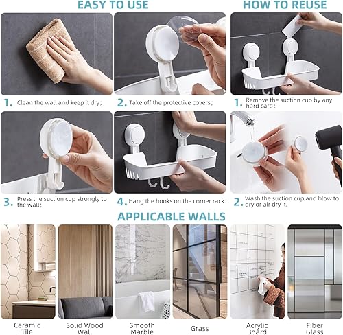 Miniatura 6 de TAILINK 2 paquetes de ventosa para ducha con 4 ganchos, estante de ducha con ventosa, estante de ducha de plástico extraíble y reutilizable,