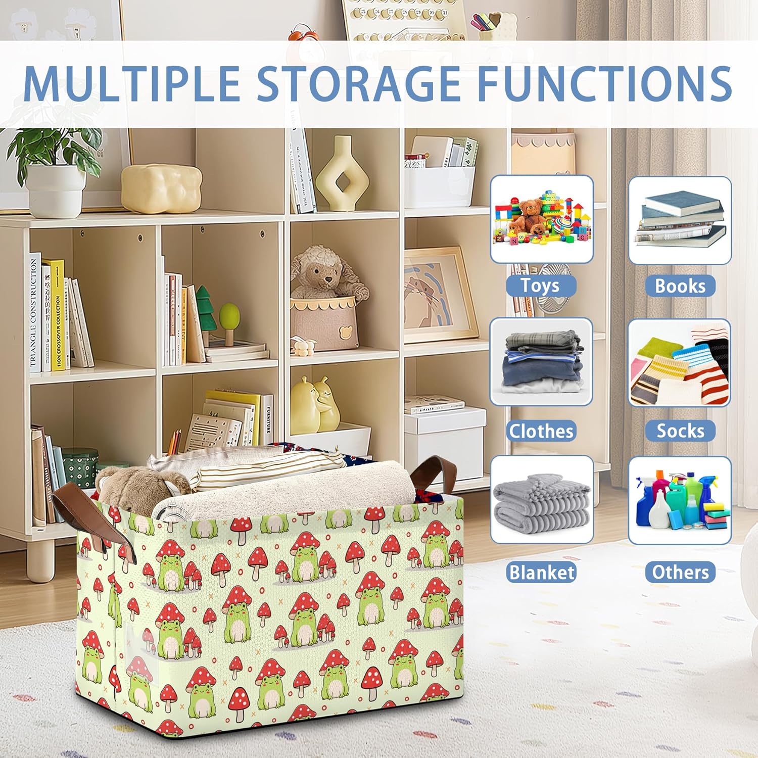 Cute Frog Storage Basket,Mushroom Collapsible Storage Bin Cubes for Living Room Bedroom Blankets Home Storage 17x11.5x10Inch