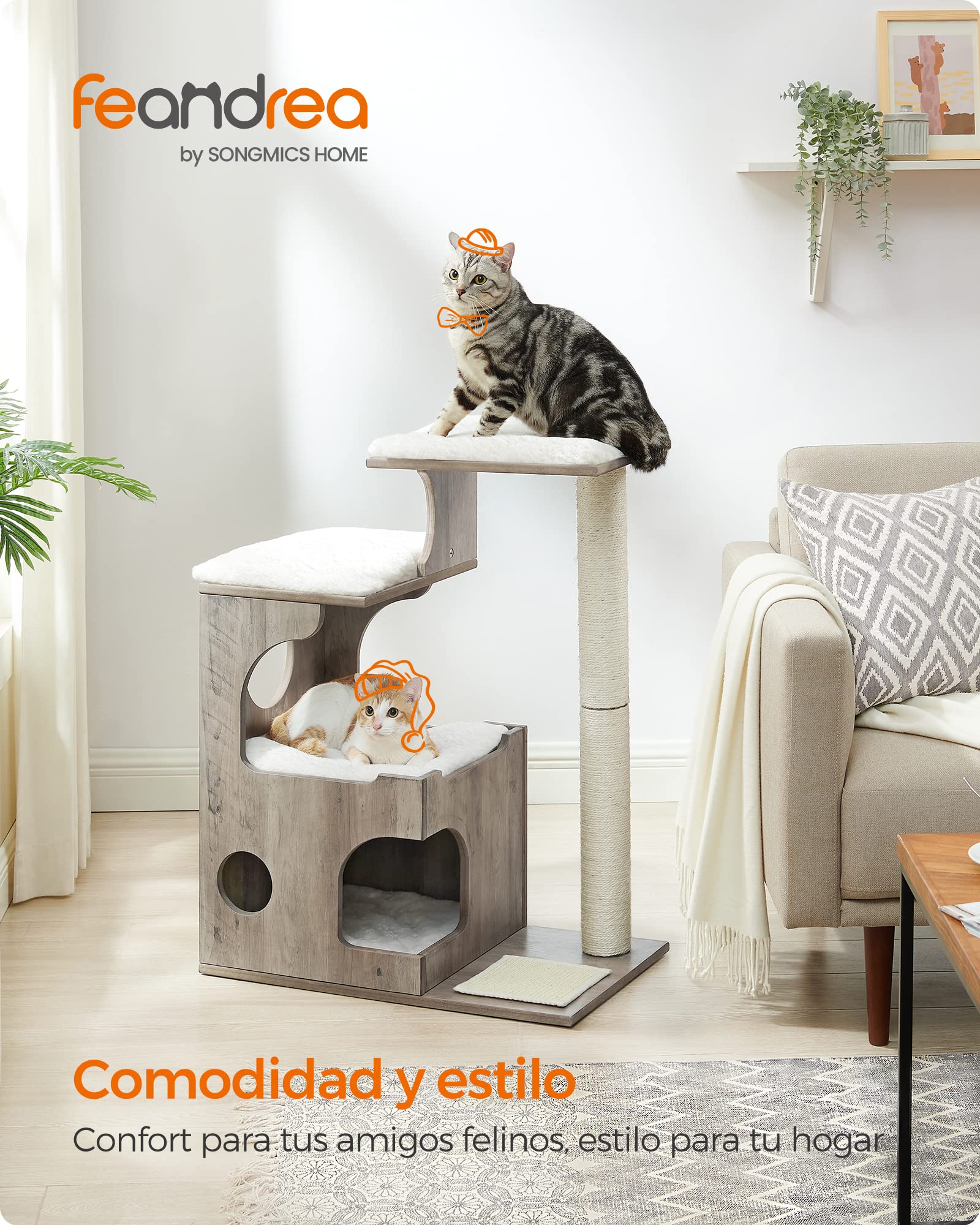 Feandrea Árbol de Gatos, Tablero de aglomerado de 86 cm de Altura, con Poste de Sisal, Plataforma, Cubierta de Piel Sintética Lavable, Greige Melange PCT070G01