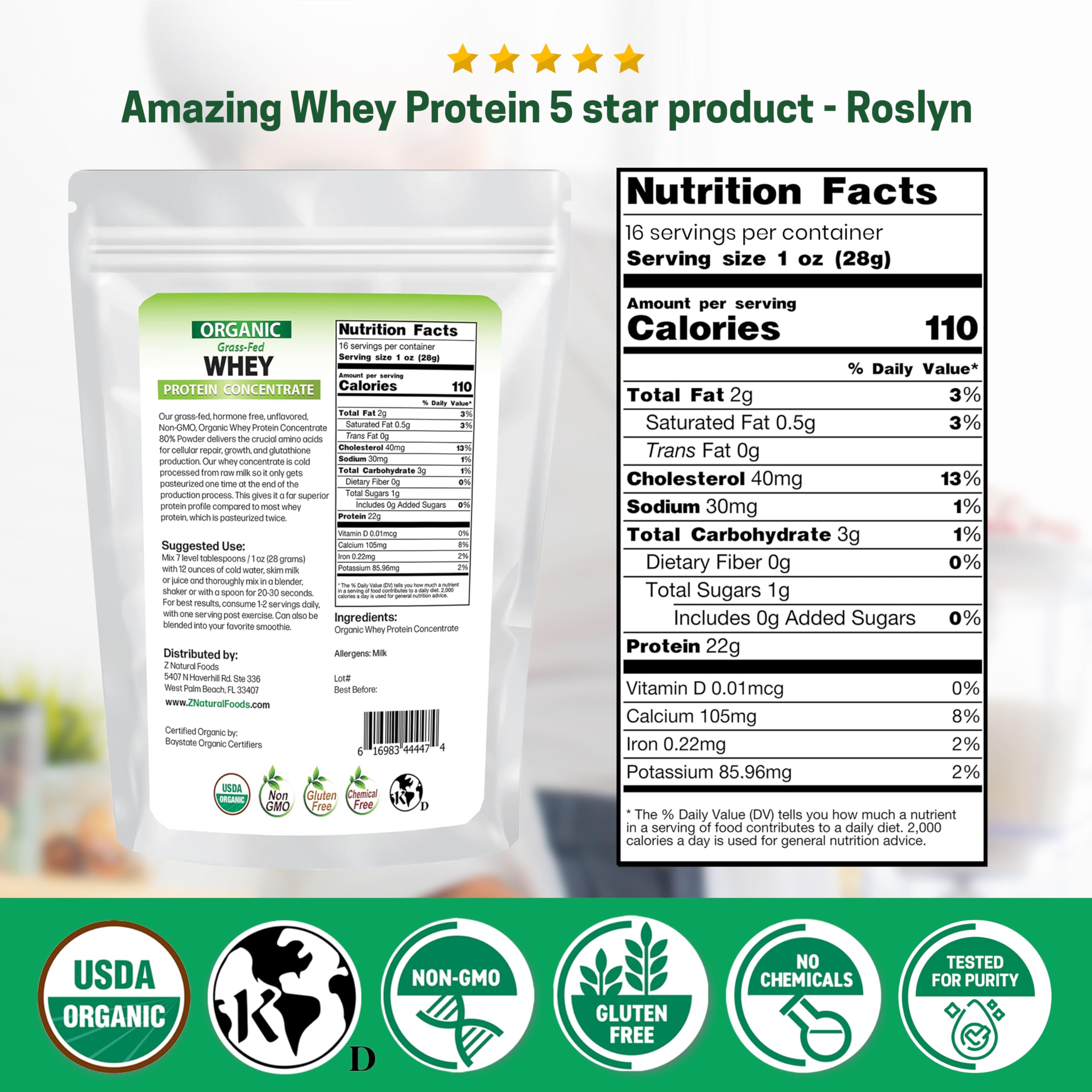 Z Natural Foods Organic Whey Protein Concentrate - Nutrient-Dense Grass Fed Whey Protein Powder - Cold Processed Pure Whey Protein with Essential Amino Acids for Nutrition & Fitness, Unflavored, 1 lb