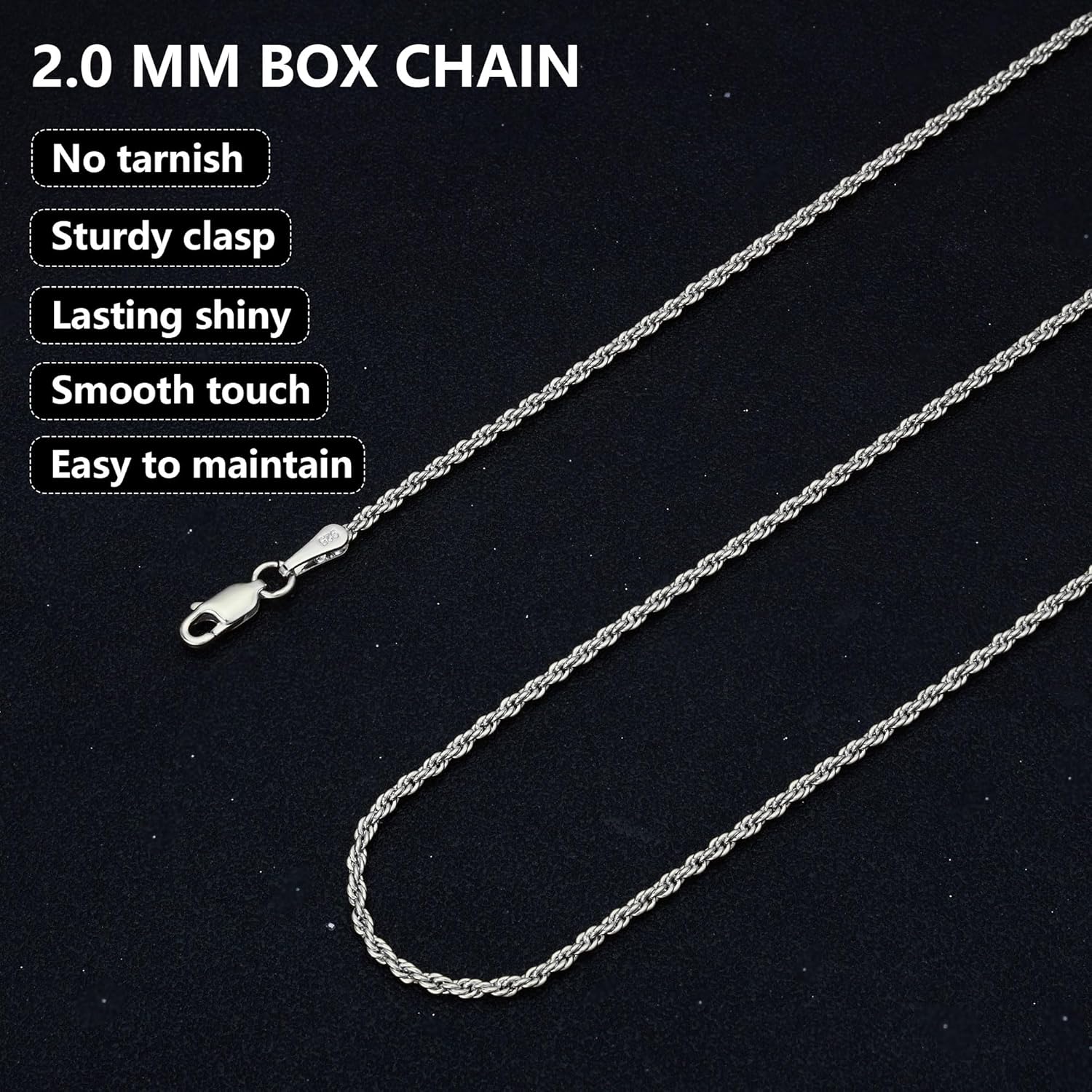 nometo Solid 925 Sterling Silver Box Chain Rope Chain Lobster Clasp Silver Chain for Men Silver Necklace Chain for Women 16/14/20/22/24/26/30 Inches - Image 4