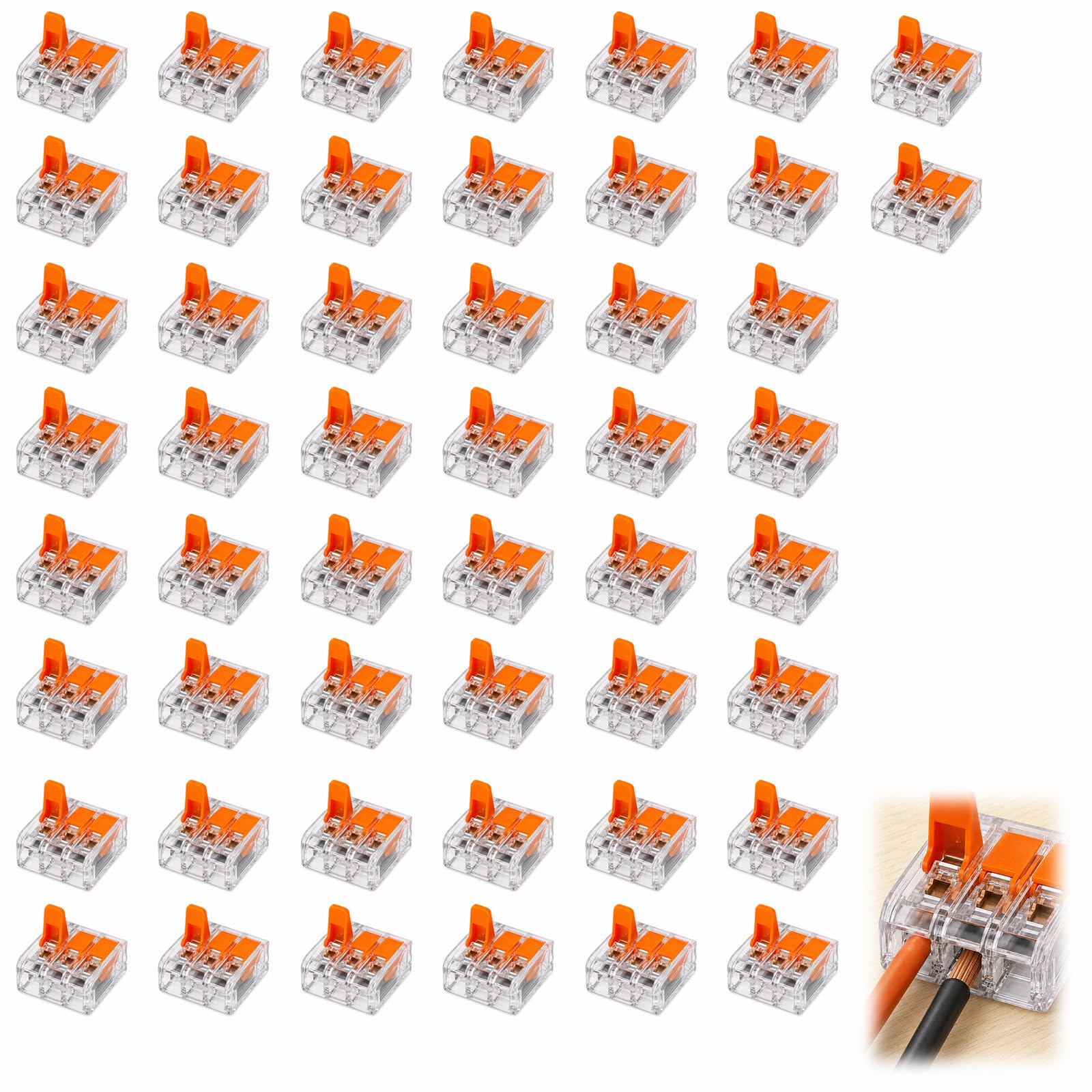 50 Stück Verbindungsklemmen 3 Eingänge S221, transparenter Kompakter Steckverbinder, 0,14-4 mm², 32 A, transparente Schnellverbindungsklemmen für elektrische Installation zu Hause