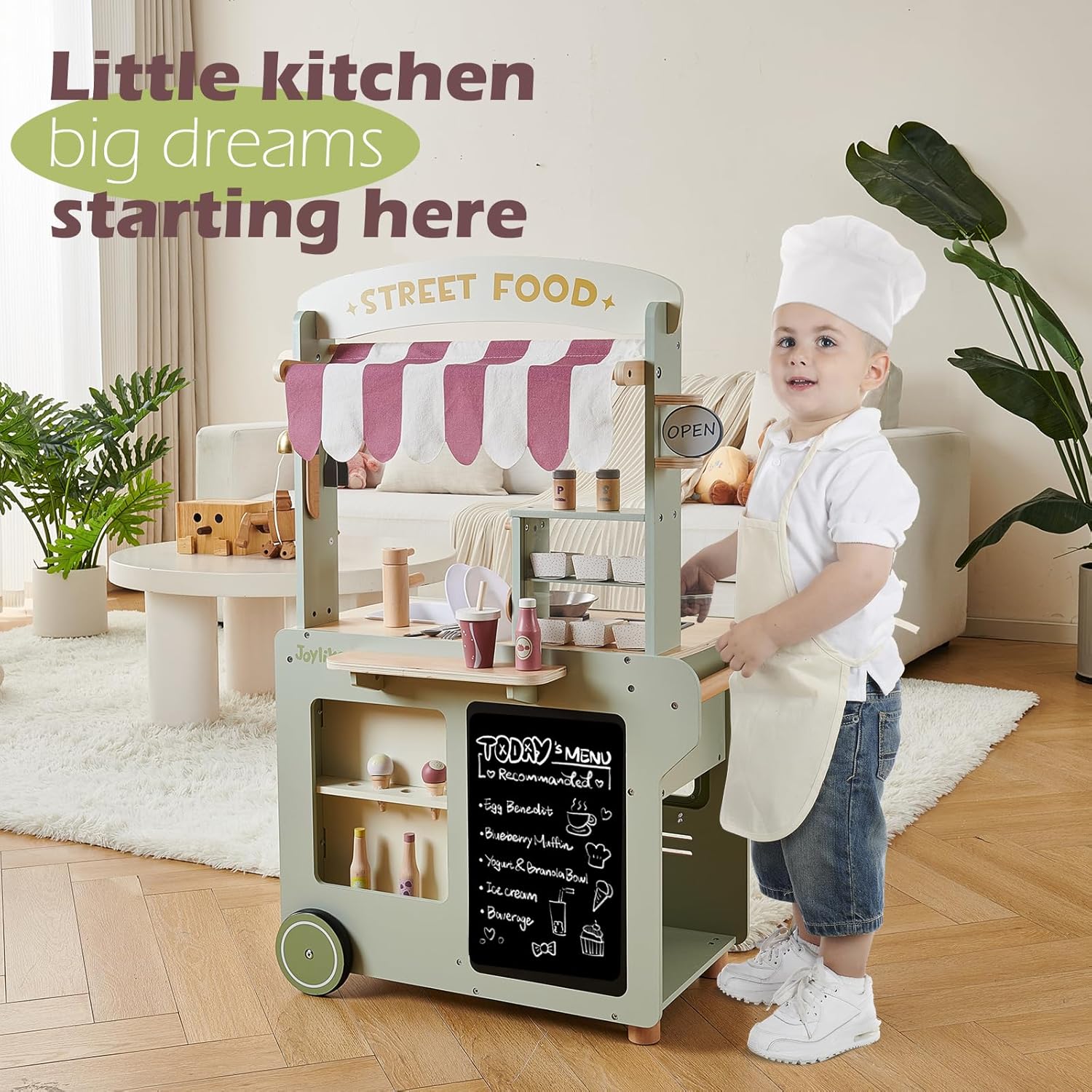 Wooden Food Cart, Kitchen Playset 50-Piece Toddler Pretend Play Grocery Store with Sink and Ice Maker, Kitchen Set for Kids Ages 3+, Gift for Boys and Girls image 6 of 6 B0DF7R5494