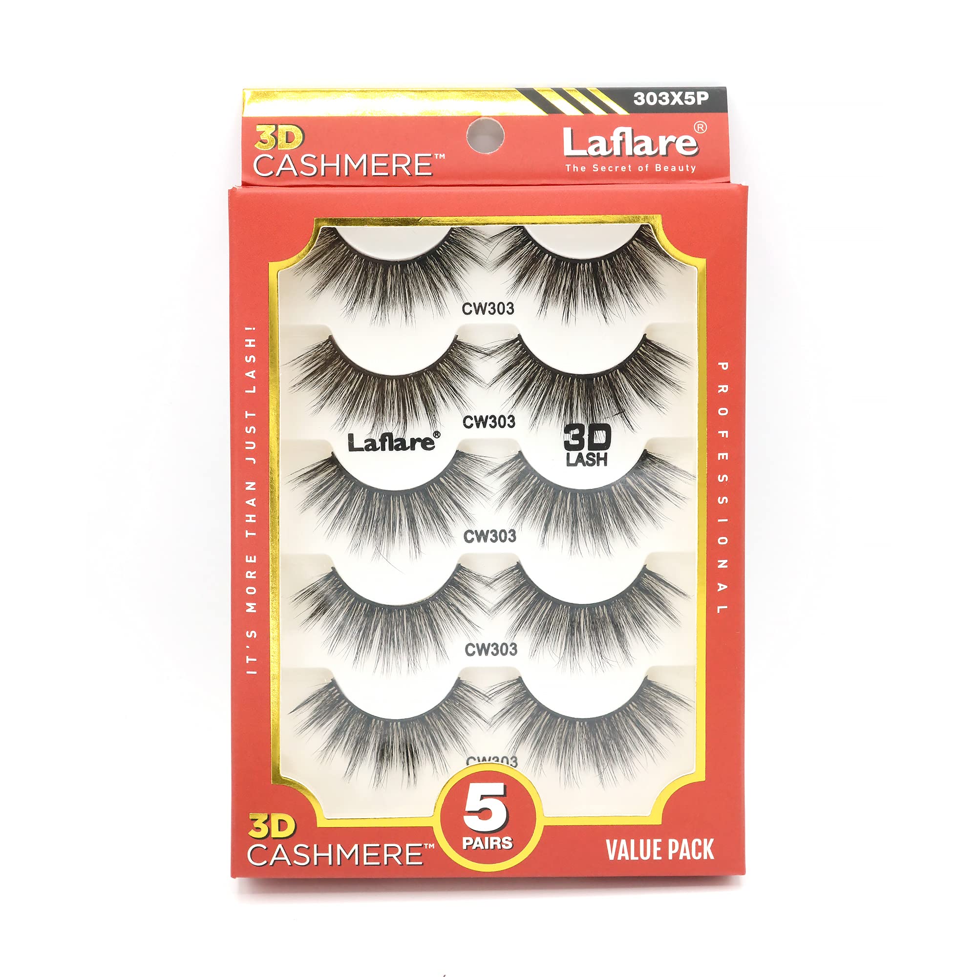 Laflare 3D Cashmere False Eyelashes Multipack, Ultra Soft, Glam, Luxurious, Cruelty-Free, Reusable, Fake Eyelashes 5 Pairs Value Pack (303X5P)