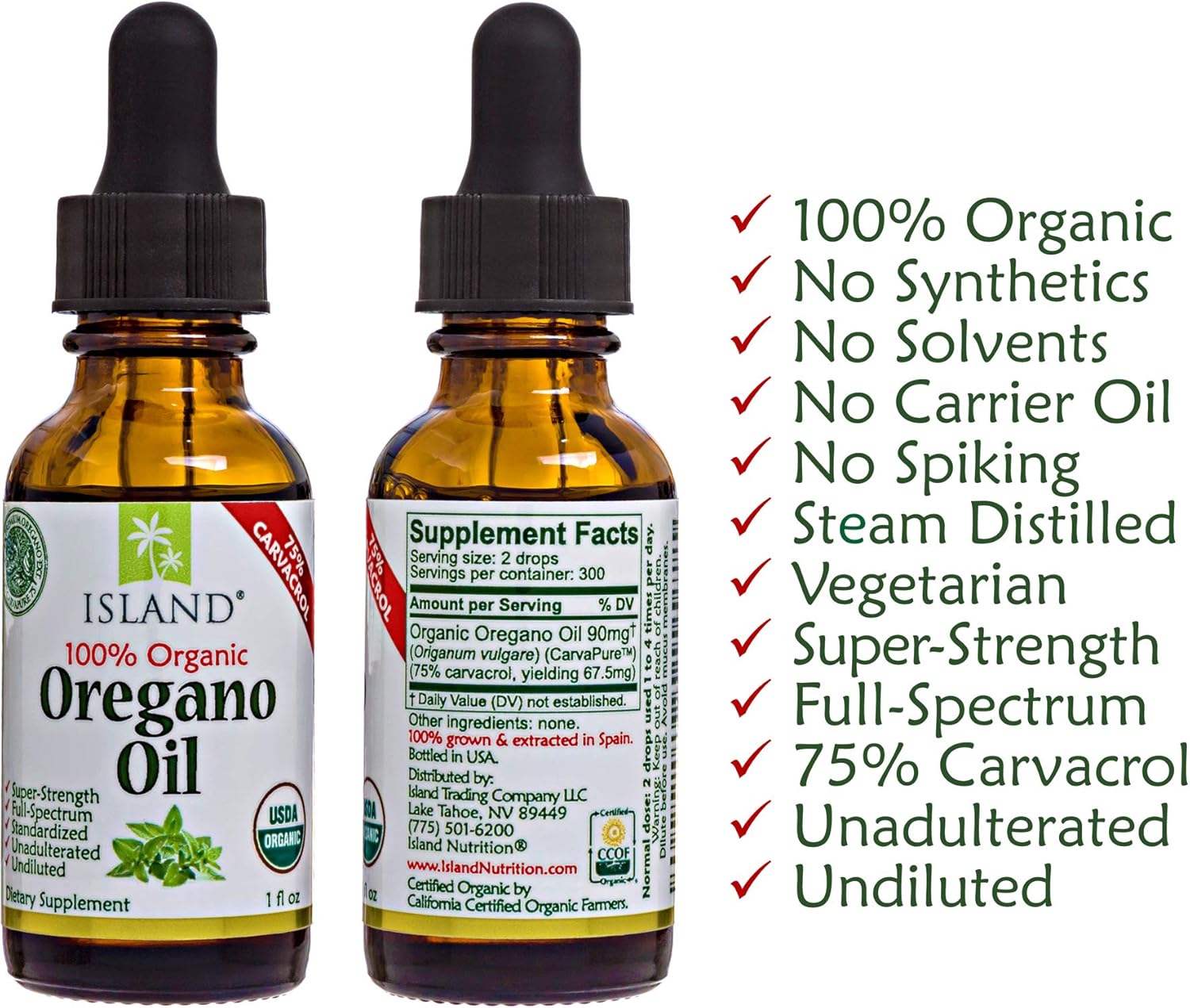 Oregano Oil Organic Liquid Drops - 100% Pure & Undiluted - USDA-Certified Organic (1 oz) 75% Carvacrol - Grown in Spain - Immune Support Supplement with Oil of Oregano by Island Nutrition. : Health & Household