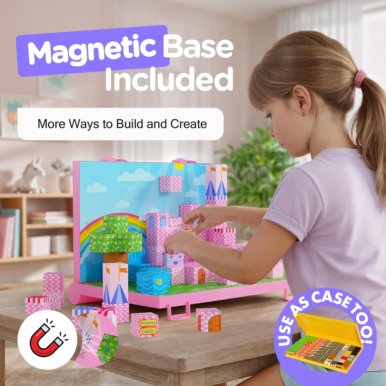 Magnetic Building Blocks for Kids with Magnetic Storage Board — Princess Castle Magnet Cubes Toy Building Set — Gift-Ready 84-Piece Pixy Stacking STEM Building Toys for Boys & Girls Ages 3 to 12