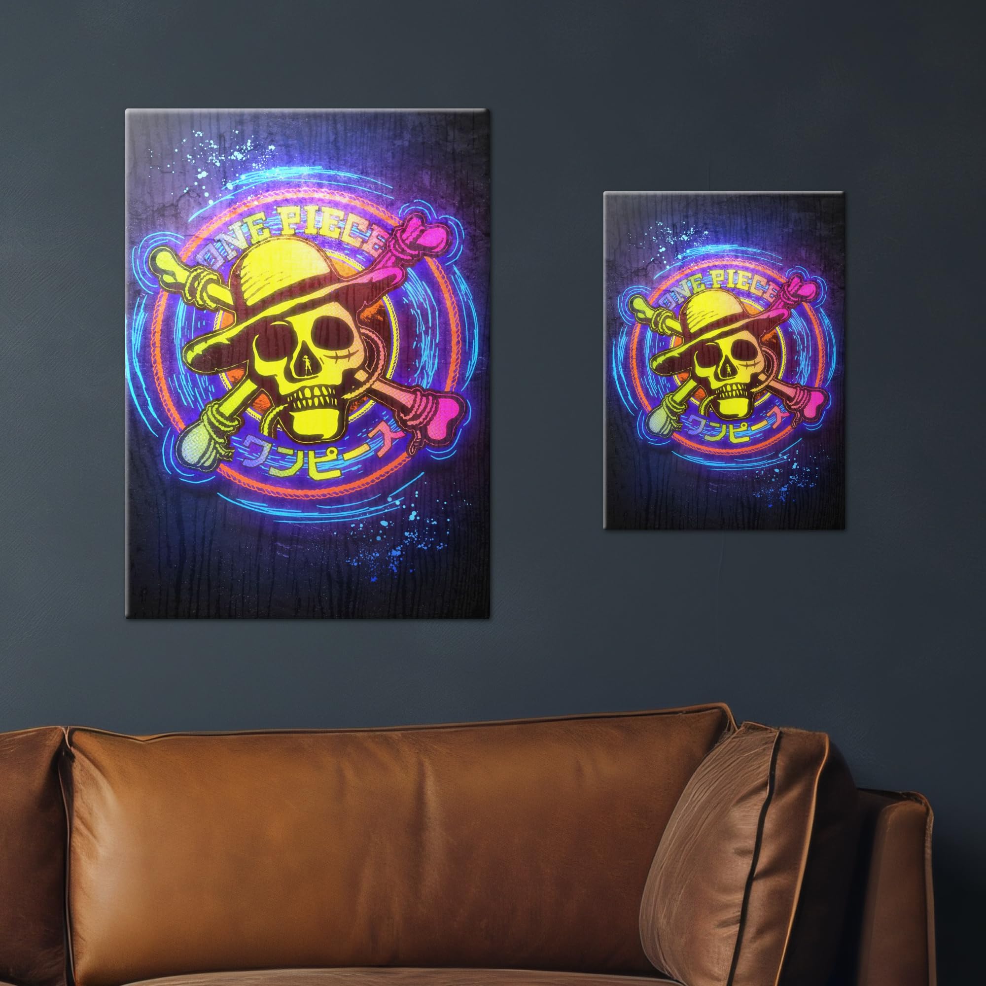 Displate Metall poster One Piece Live Action One Piece Neon Jolly Größe L | Bilder Wanddeko Wohnzimmer & Schlafzimmer Wandbilder, Geschenk. Wandkunst mit Magnet-Befestigung, ohne Bohren.