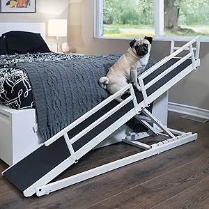 Dog Ramp for Beds - Solid Hardwood with 5 Finish Options - Adjustable up to 37" High Beds with Low Incline, Safety Rails & Anti-Slip Grip, For Small Dogs up to 50lbs - Made in North America