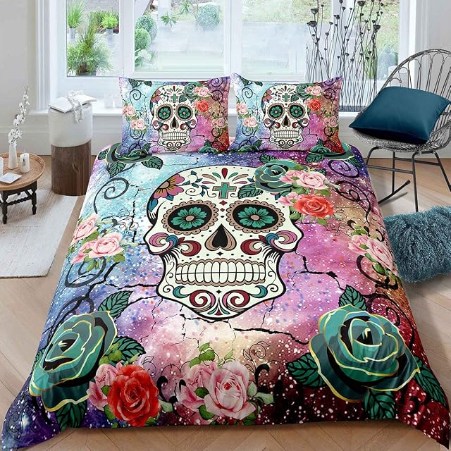 Loussiesd Sugar Skull Duvet Cover Set King Floral Print Bedding Set 3D Horror Bones Pattern Roses Flowers Microfiber Polyester Comforter Cover with 2 Pillow Shams, 3 Pieces, Zipper, Watercolor
