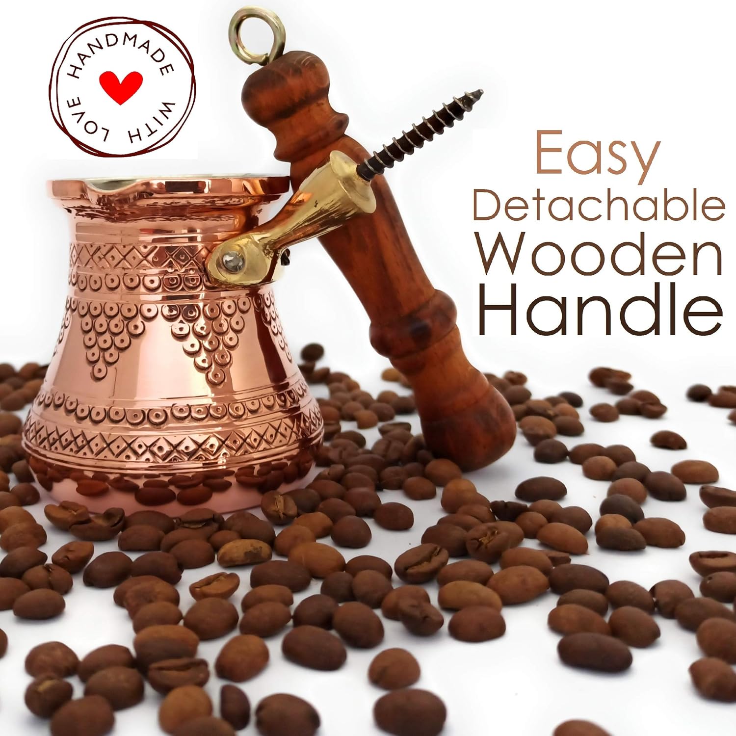 DEDE Copper - PCZ Series (Small-6 fl.oz) - Thickest Solid Copper Engraved/Stamped Turkish Greek Arabic Coffee Pot with Wooden Handle, Stovetop Coffee Maker Cezve Jezve Jazva Jazzve Ibrik Briki (Shiny)