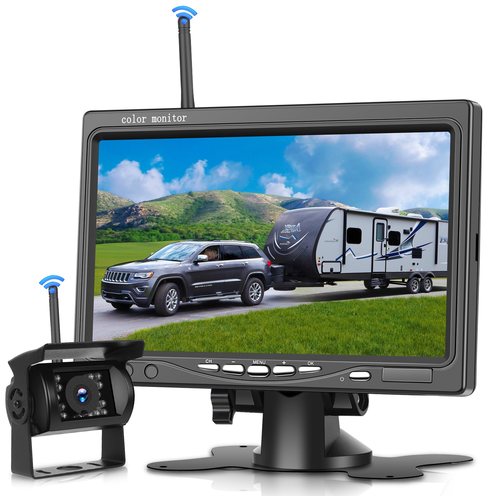 Rimoody Kabellos Rückfahrkamera Set mit 7 Zoll Monitor, 1080P Funk Rückfahrkamera IP68 Wasserdicht, Nachtsicht, BSD, Image Flip, Rückwärtshilfe für LKW/Bus/Van/Wohnmobile/Anhänger/Landfahrzeug 12V-36V