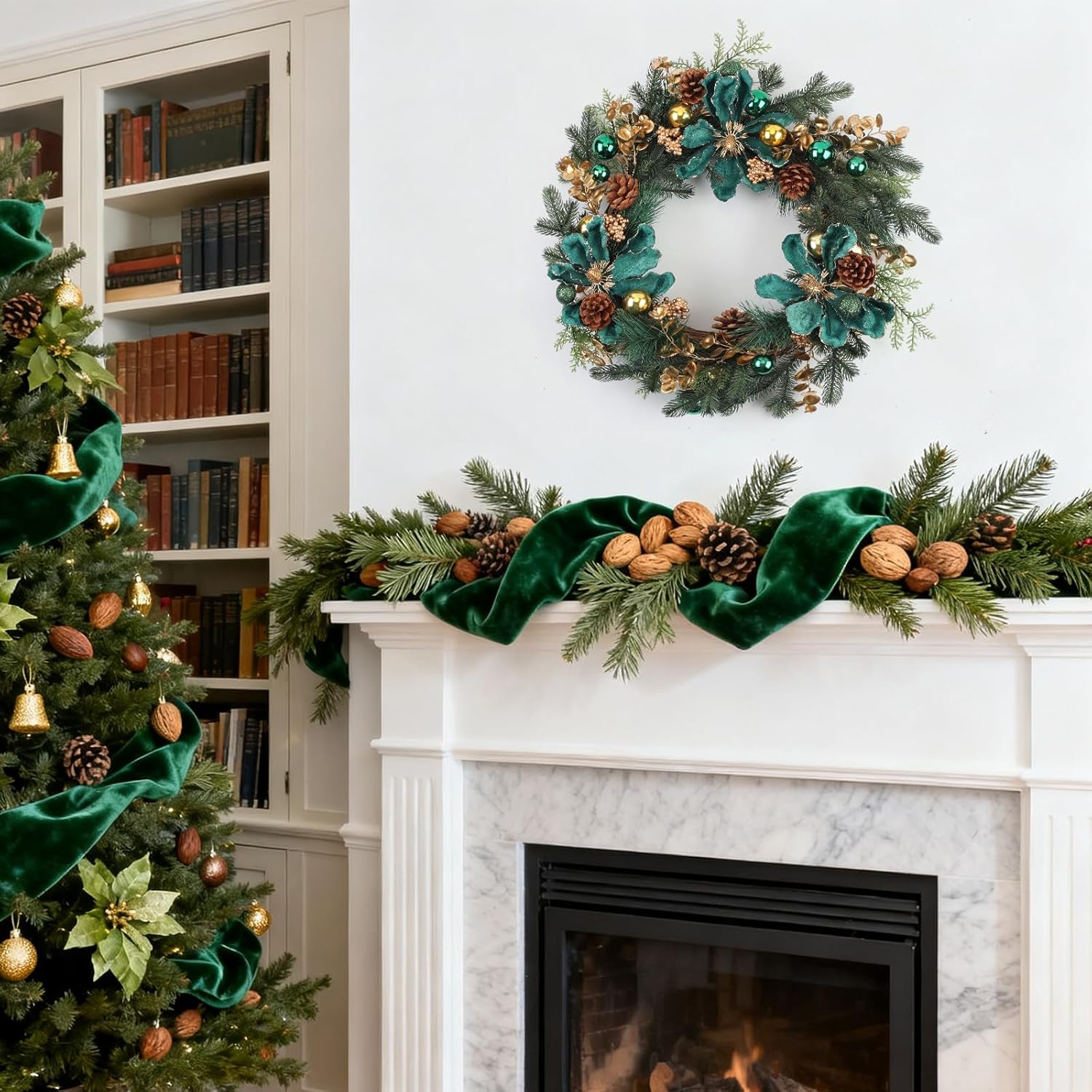 22 Inch Christmas Wreath for Front Door Christmas Wreath Decoration with Green Velvet Flowers,Gold and Green Ball Ornaments,Pine Cones,Fireplace Mantel, Wall, Indoor Outdoor Holiday Xmas Decorations​
