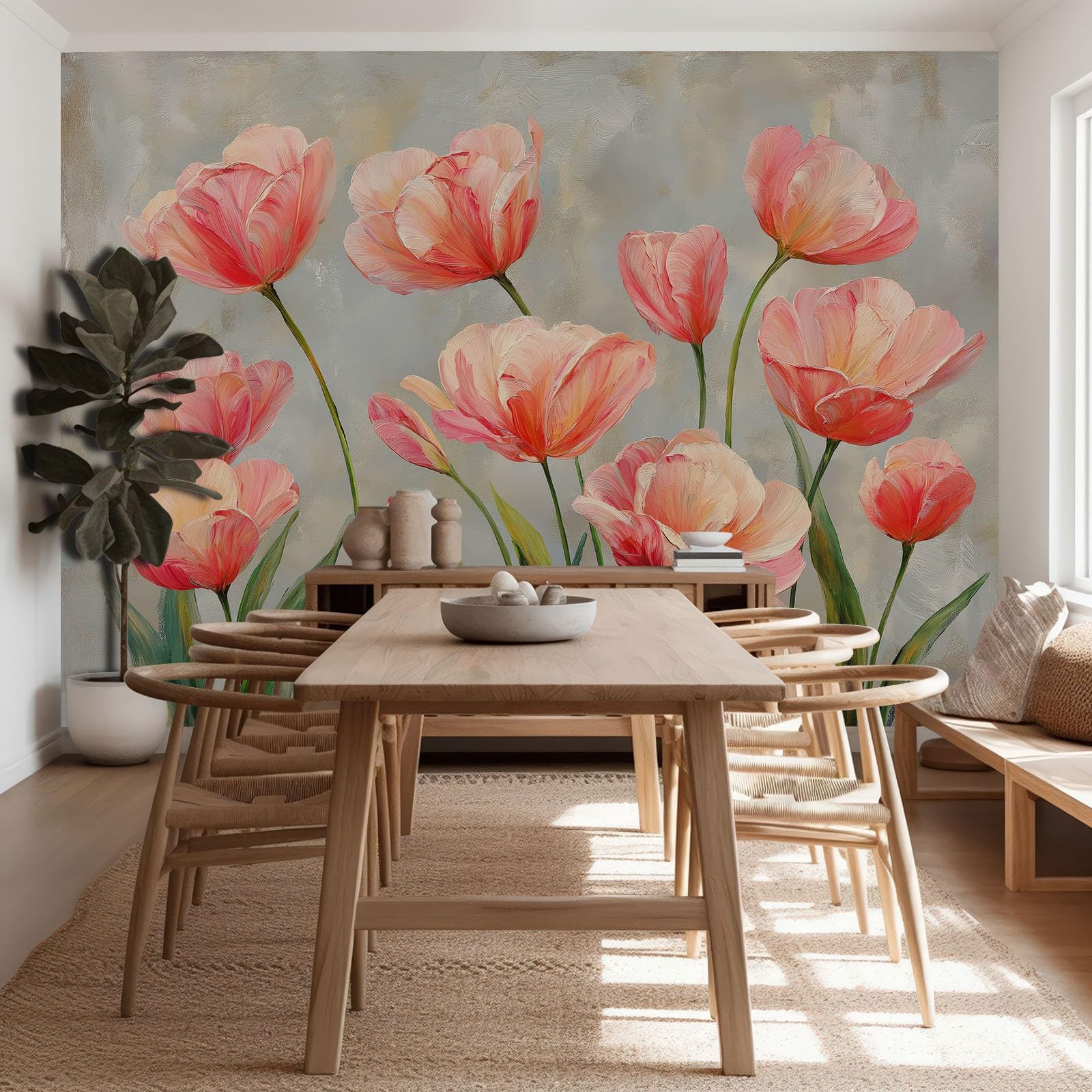 Mural ścienny, tapeta vintage, botaniczne tulipany, dekoracja ścienna do salonu, sypialni, jasnoszara włóknina mural do pokoju dziecięcego, biura, papier fotograficzny, plakat 350 x 256 cm