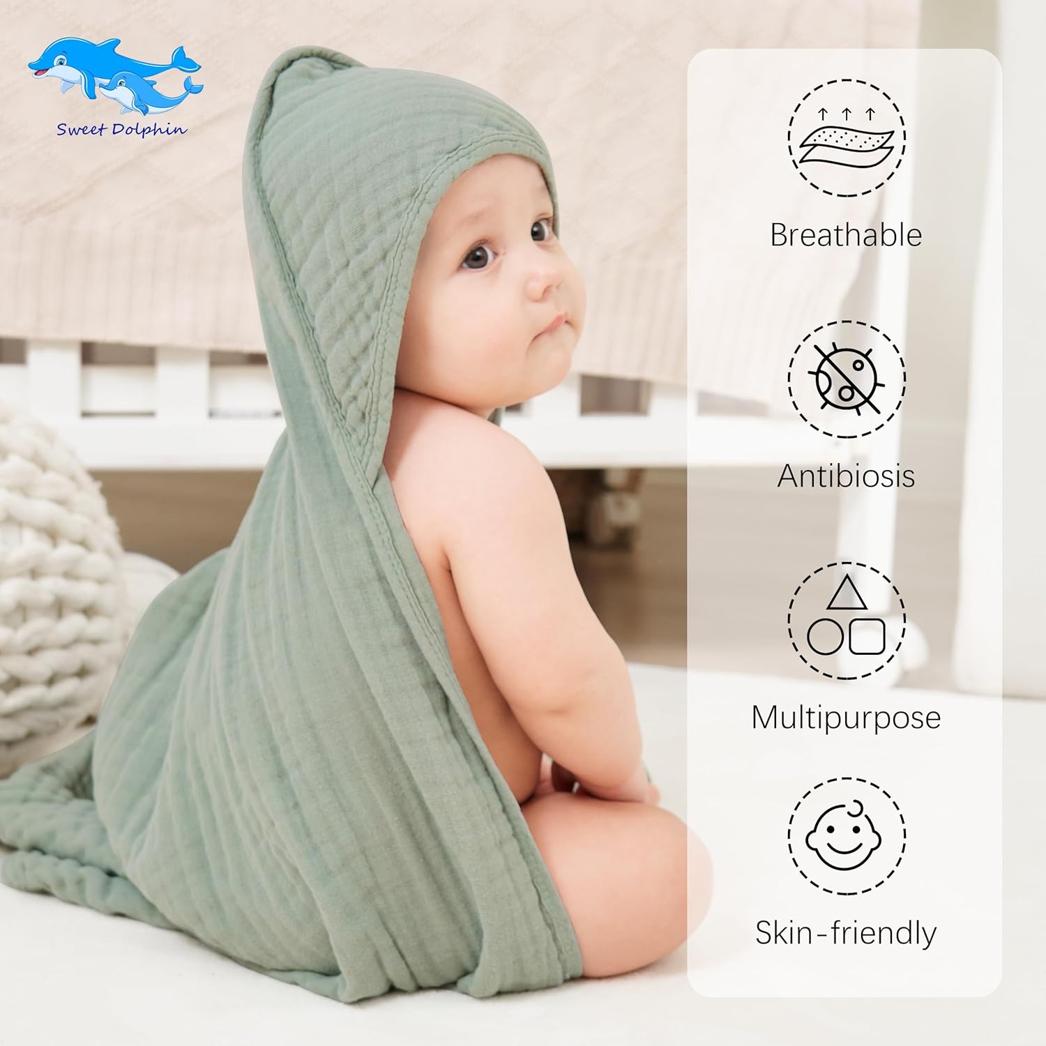SWEET DOLPHIN Muslin Hooded Baby Bath Towels - 2 Pack 100% Cotton Towel for Babies, Infants, Toddlers - 32x32Inch - Highly Absorbent and Newborn Essential, Green and Grey - Image 2