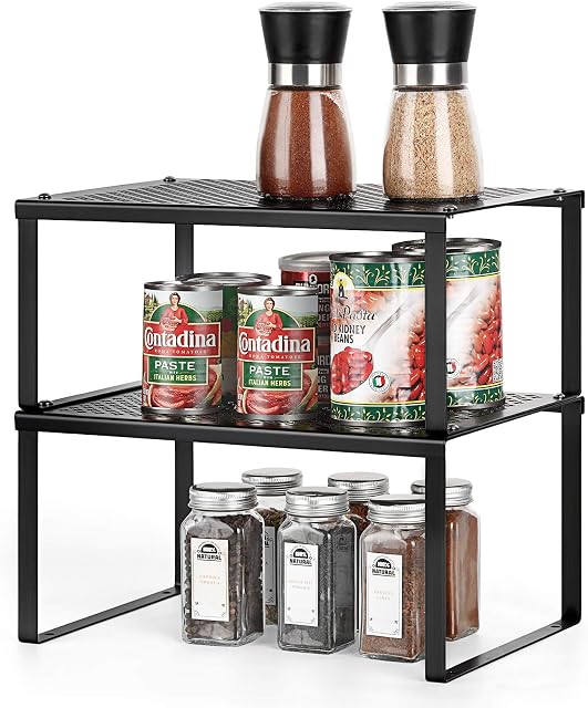 UOMIO Kitchen Cabinet Shelves for Cupboards Organiser Set of 2 Metal Spice Racks Stackable and Expandable Countertop Storage Solutions for Can Jar Condiment Bottles - Black