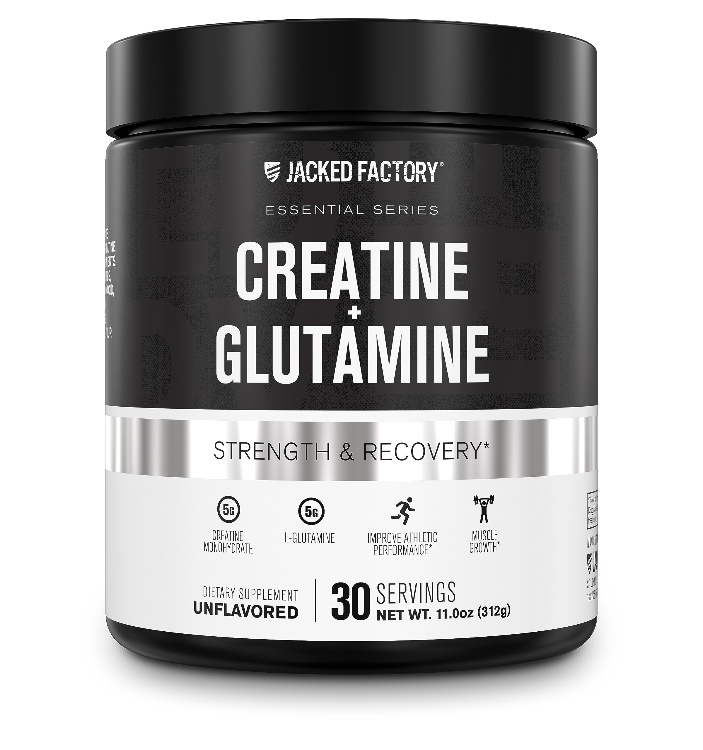 Jacked Factory Creatine + Glutamine - Creatine Supplement with L-Glutamine for Muscle Recovery, Muscle Growth, Increased Strength, Enhanced Energy Output, and Gut Health - 30 Servings, Unflavored